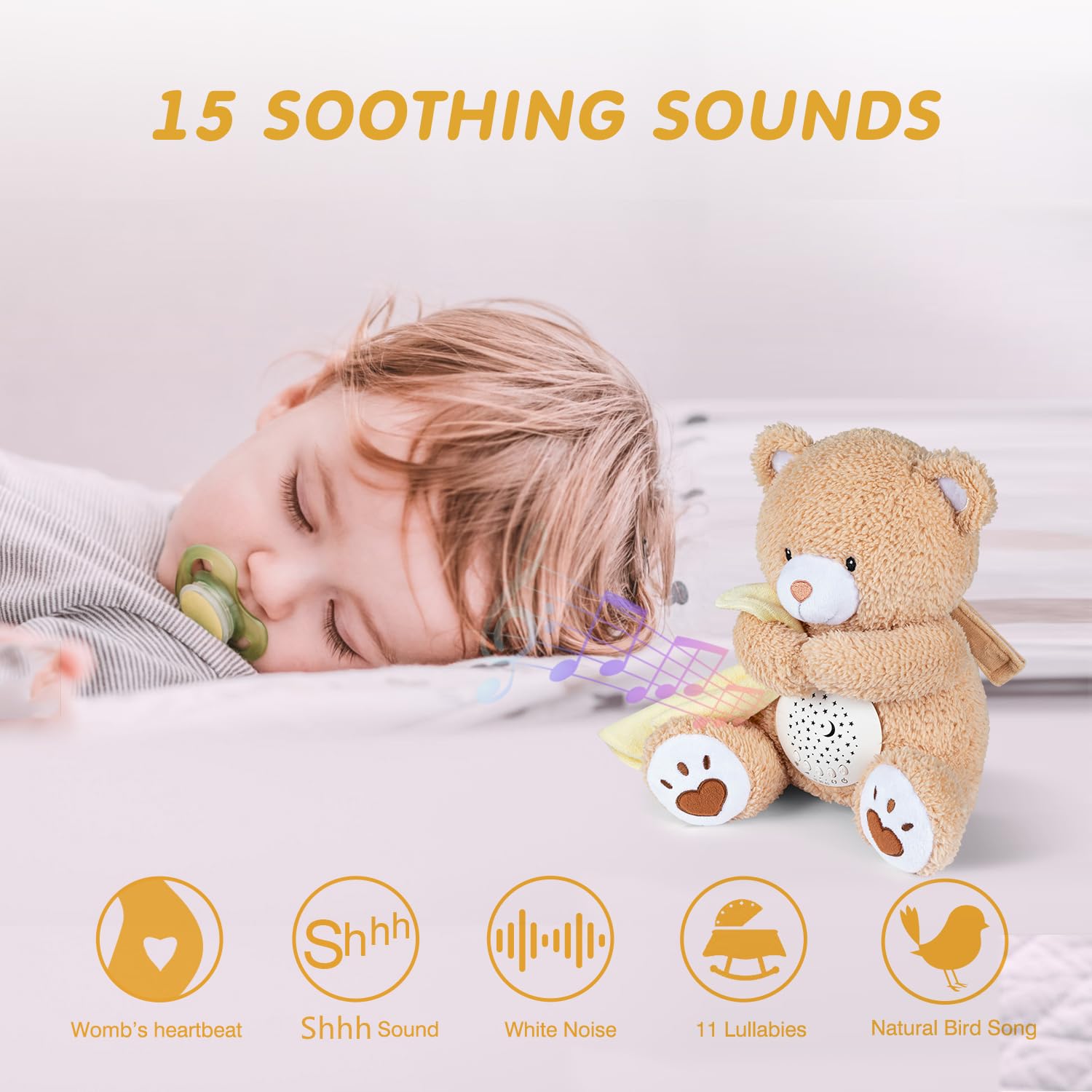 BEREST Baby Sleep Soother Bear, Mom's Heartbeat & Lullabies White Noise Machine, Nursery Decor Night Light Projector, Toddler Crib Sleeping Aid, Newborns Shower Gifts Portable Teddy - Image 2