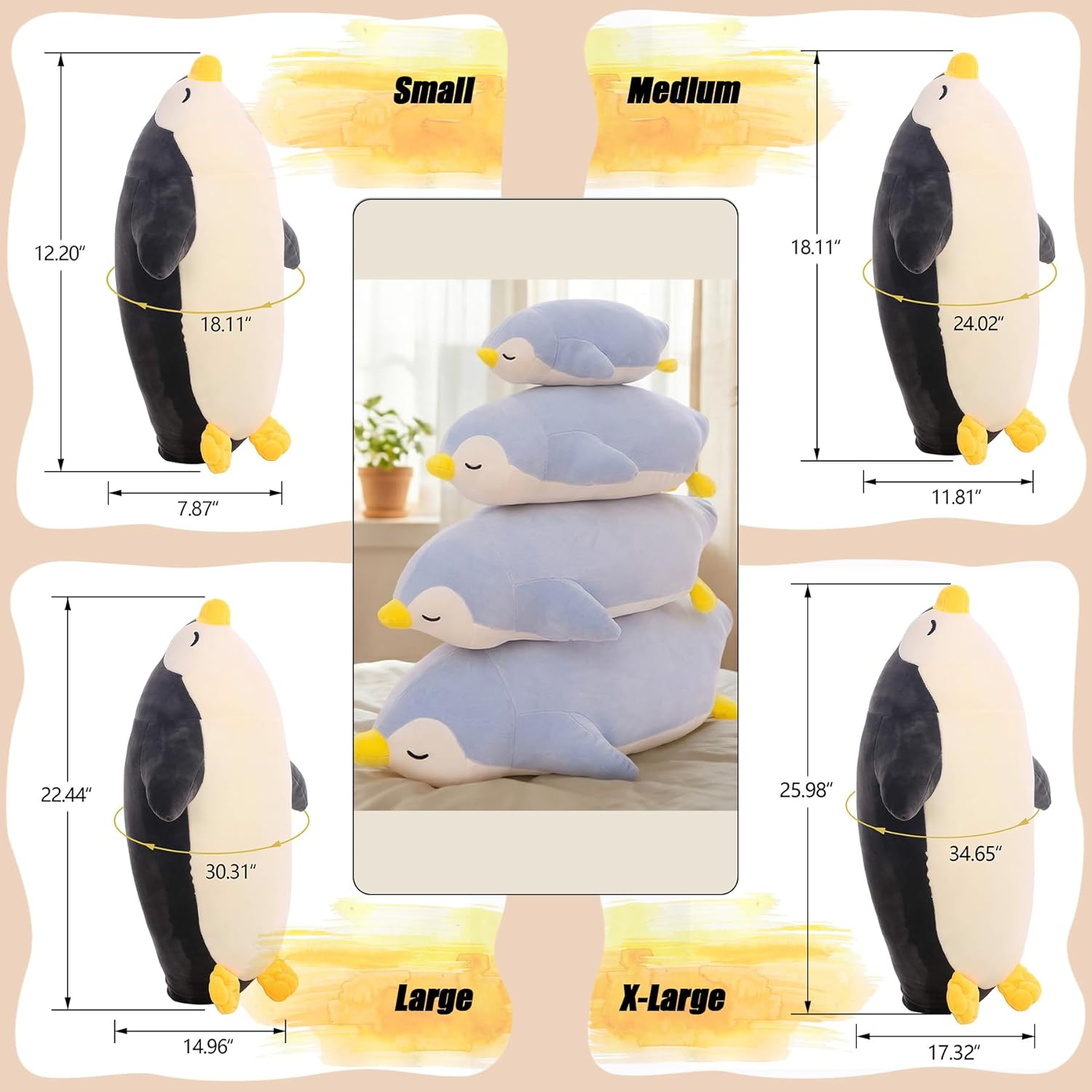 DENTRUN Penguin Stuffed Animals Bulk, Cute Penguin Plush Doll Play Toys for Kids Girls Boys Adults Birthday Xmas Halloween Present Adorable Soft Plushies, 12.20/18.11/22.44/25.98 Inchs, Blue, Black - Image 4