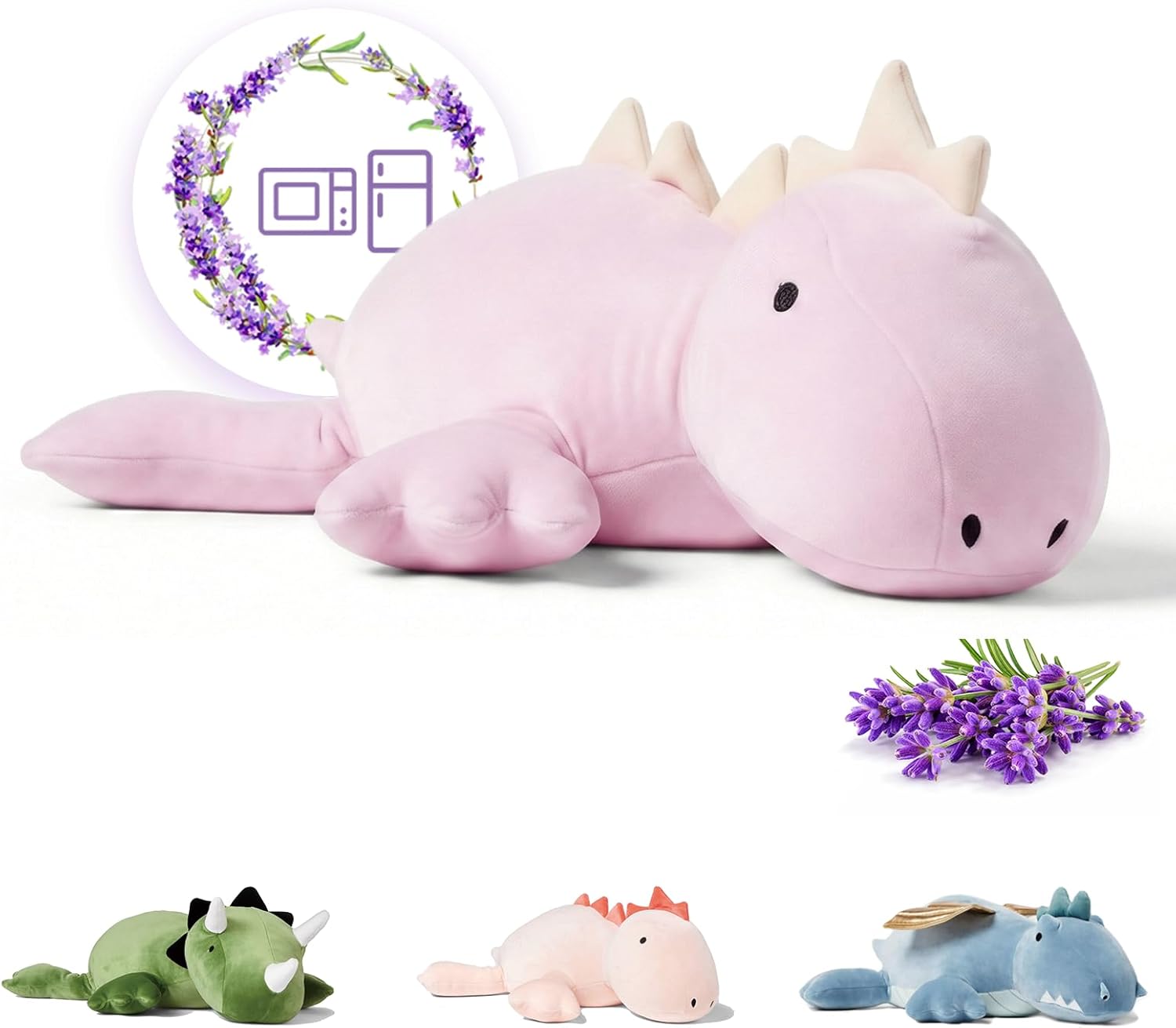 KOWSI® Microwavable Heating Pad Purple Stegosaurus Plush - 1.4 Lb Weighted Stuffed Animal Toy with Tourmaline Beads & Lavender - 16" Squished Long Dinosaur Pillow - Lumbar Back Cushion Lasting Warmth