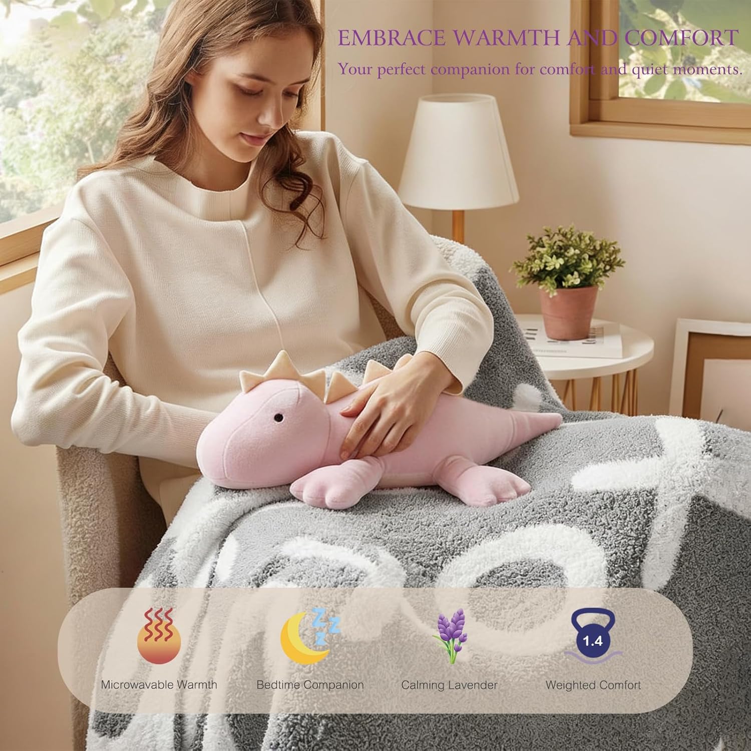 KOWSI® Microwavable Heating Pad Purple Stegosaurus Plush - 1.4 Lb Weighted Stuffed Animal Toy with Tourmaline Beads & Lavender - 16" Squished Long Dinosaur Pillow - Lumbar Back Cushion Lasting Warmth - Image 2