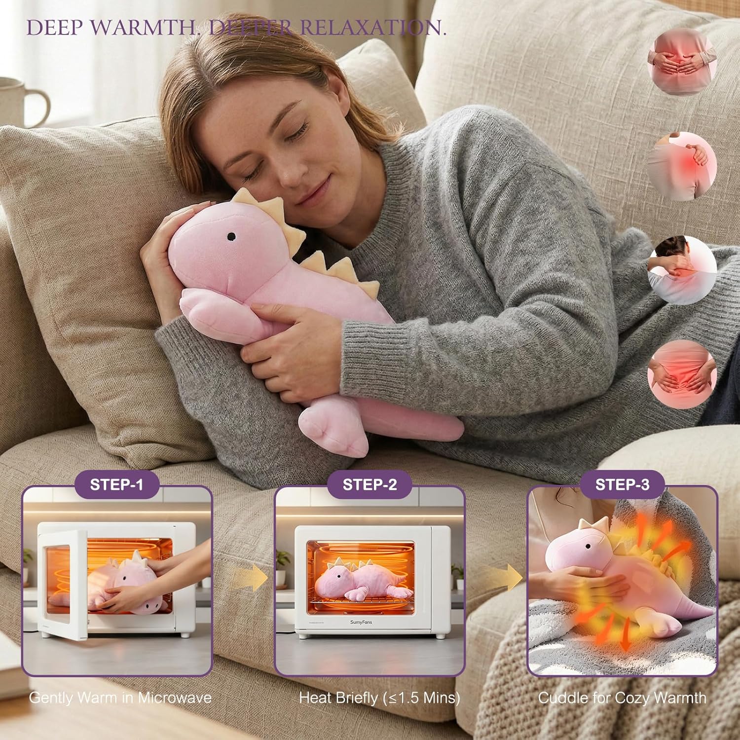 KOWSI® Microwavable Heating Pad Purple Stegosaurus Plush - 1.4 Lb Weighted Stuffed Animal Toy with Tourmaline Beads & Lavender - 16" Squished Long Dinosaur Pillow - Lumbar Back Cushion Lasting Warmth - Image 3