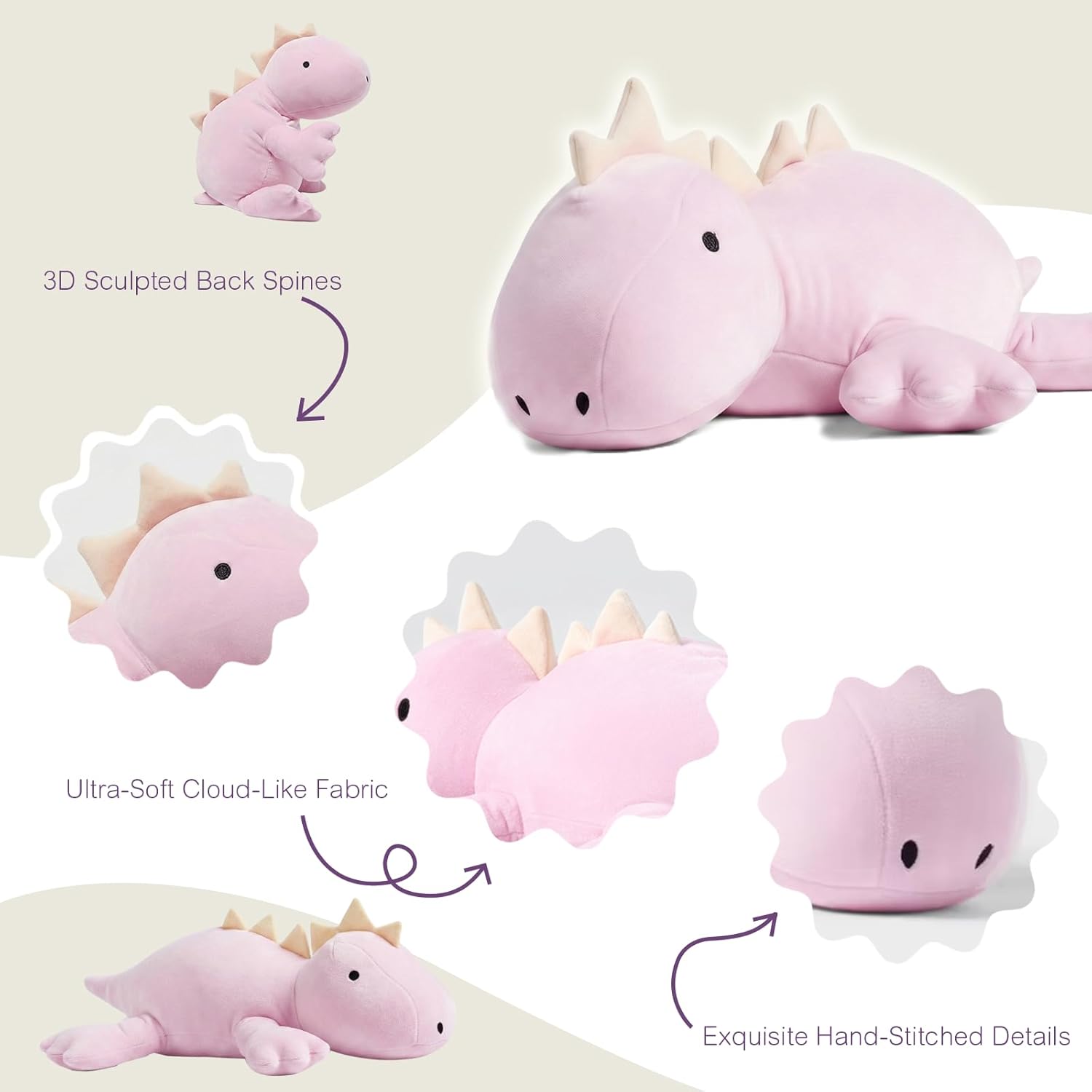 KOWSI® Microwavable Heating Pad Purple Stegosaurus Plush - 1.4 Lb Weighted Stuffed Animal Toy with Tourmaline Beads & Lavender - 16" Squished Long Dinosaur Pillow - Lumbar Back Cushion Lasting Warmth - Image 5