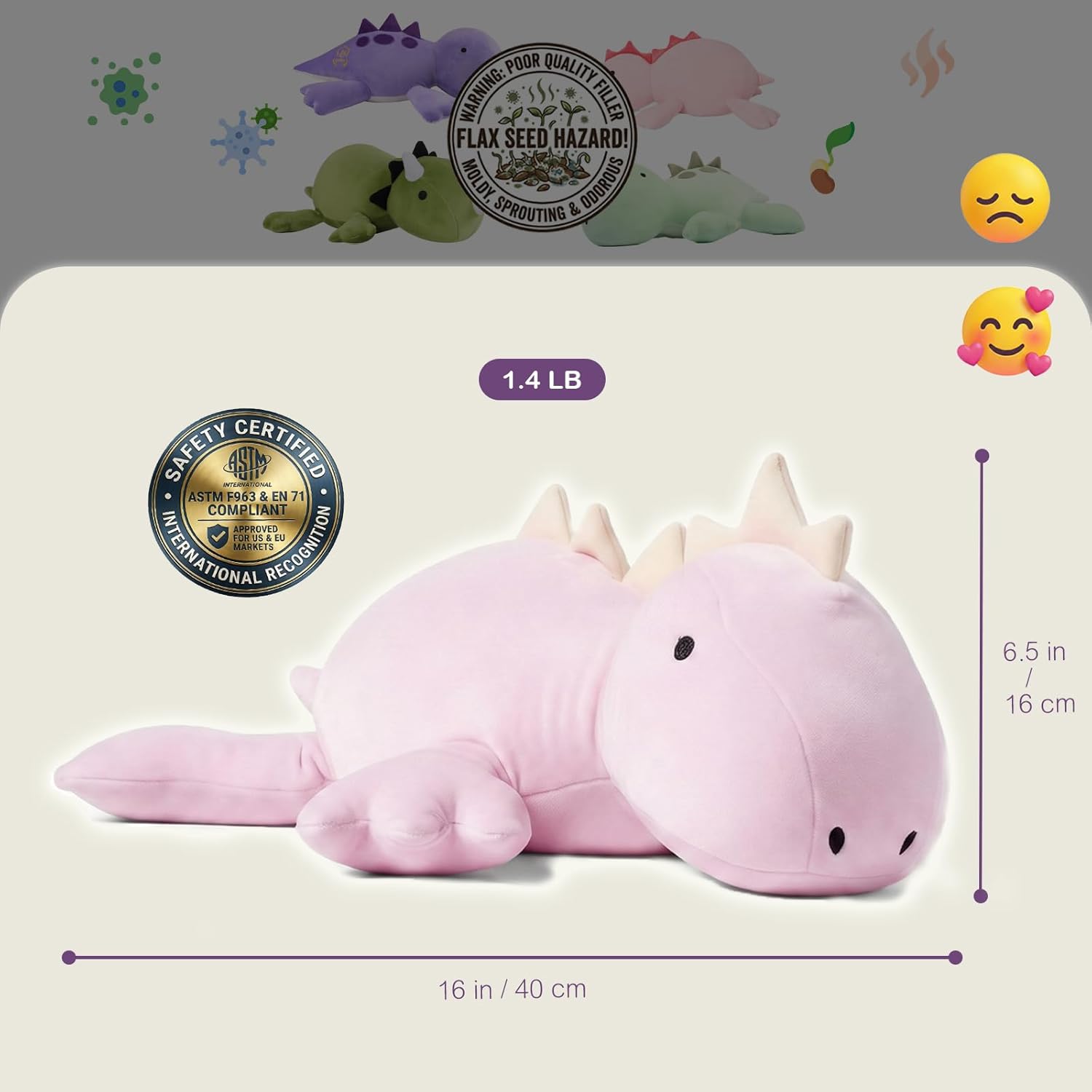 KOWSI® Microwavable Heating Pad Purple Stegosaurus Plush - 1.4 Lb Weighted Stuffed Animal Toy with Tourmaline Beads & Lavender - 16" Squished Long Dinosaur Pillow - Lumbar Back Cushion Lasting Warmth - Image 6
