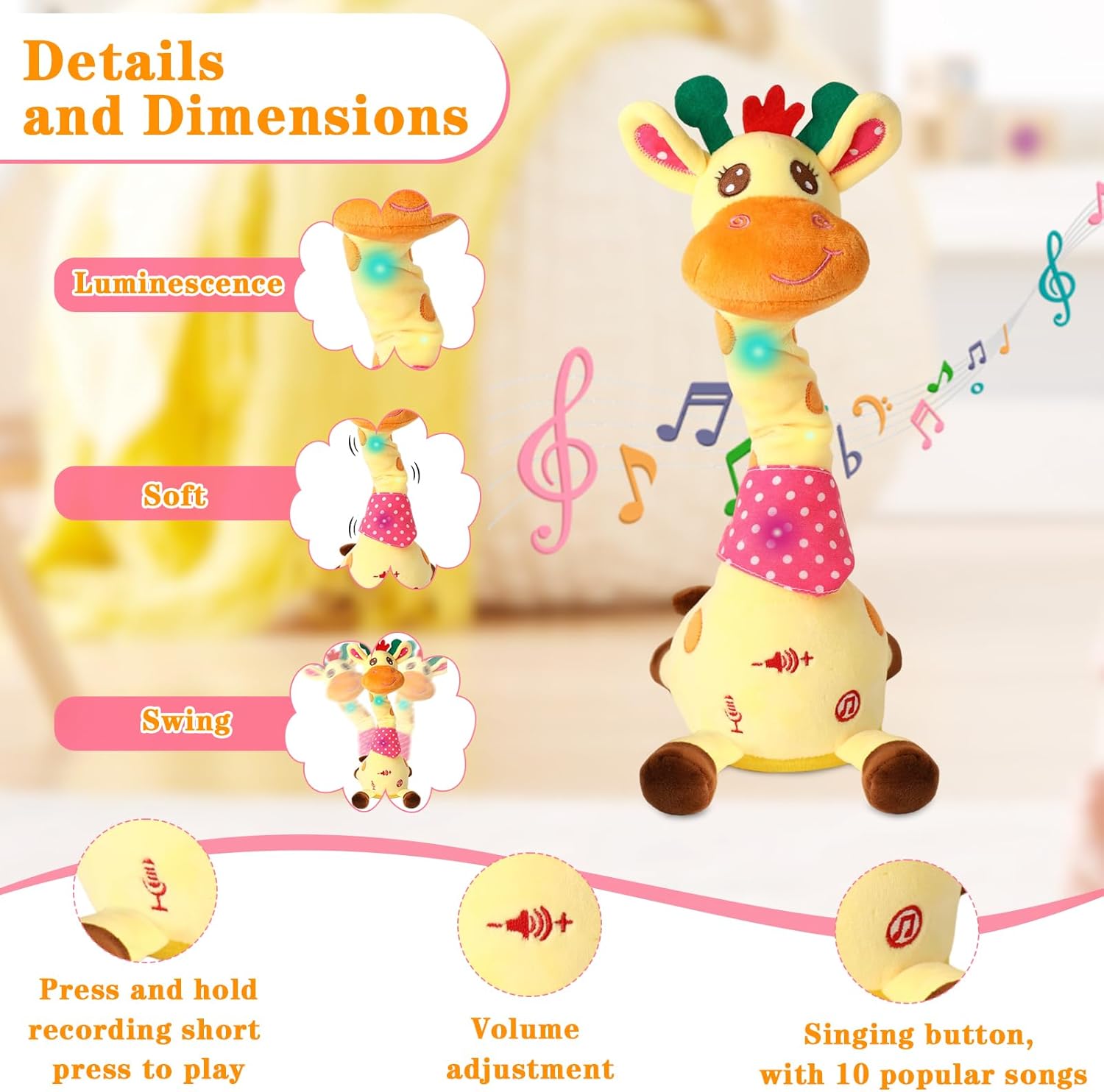 Dancing Giraffe Toy Stuffed Animal Toddlers Gifts for Baby Toys Singing Song Toddlers Toy Repeats What You Say Glowing Musical Toy for Baby Birthday Gift Groovy Giraffe Toy - Image 4