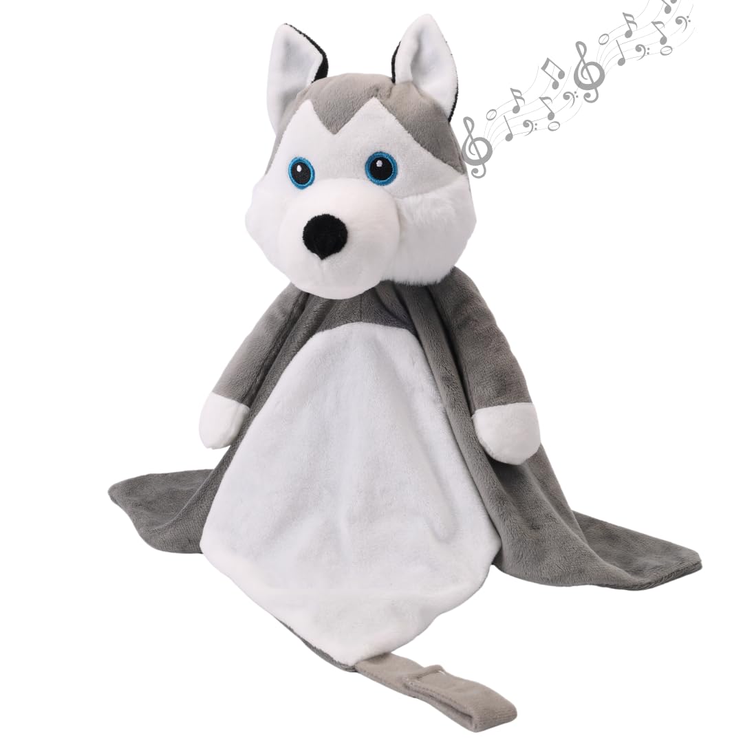 Love By Emi 4 in 1 Baby Lullaby Sleep Soother Toy - Stuffed Animal Sound Machine & Pacifier Holder | Heartbeat White Noise & Music | Plush Husky Lovey Sleep Aid Security Blanket (0-3 Years)