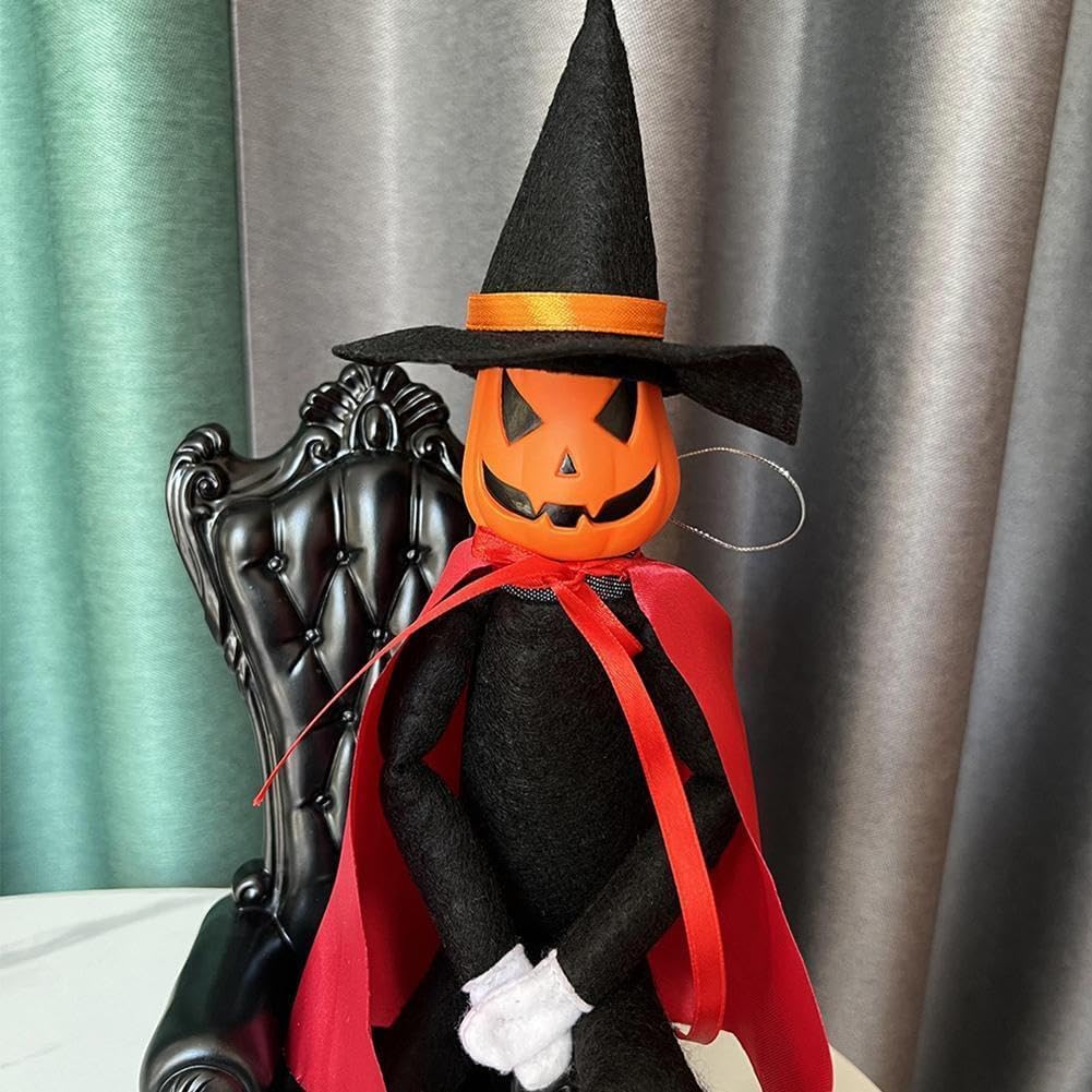 14Inch Halloween Xmas Pumpkin Elf Plush Stuffed Doll,Handmade Pumpkin Elf Toy with Black Hat,White Gloves,Dresses,and Cape for Halloween and Autumn Harvest Holiday Tabletop Home Decorations (Red) - Image 4
