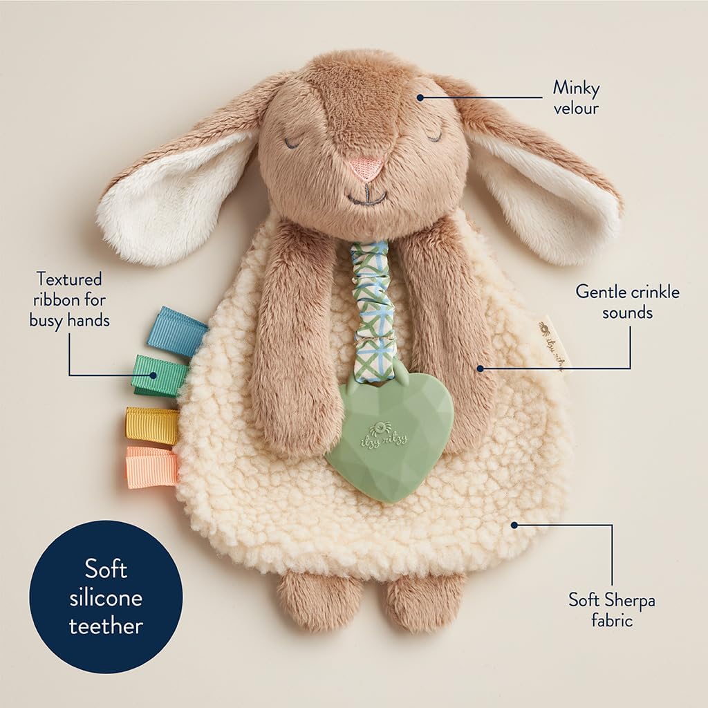 Itzy Ritzy - Itzy Lovey Including Teether - Baby Lovey with Teether, Textured Ribbons & Dangle Arms - Features Crinkle Sound, Sherpa Fabric and Minky Plush (Taupe Bunny) - Image 3