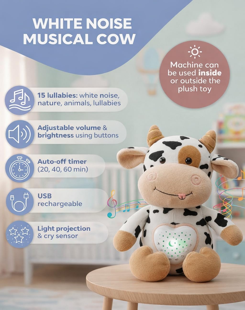 Baby Sound Machine Plush Cow with Cry Detector & Star Projector – USB Rechargeable White Noise Machine Baby with 15 Melodies & Timer – Lullaby Sound Machine & Baby Sleep Soother for Newborns - Image 2