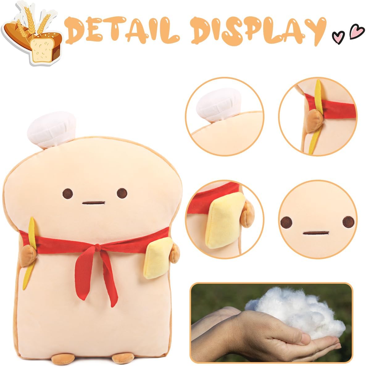 ARELUX 17.7in Funny Toast Bread Pillow,Cute Bread Shape Plush Hugging Pillow,Soft Toast Food Sofa Cushion for Home Decor,Plush Toy Gifts for Kids Birthday - Image 4