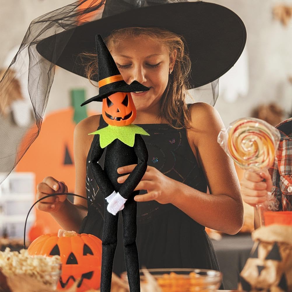 14Inch Halloween Pumpkin Elf Plush Stuffed Doll,Handmade Pumpkin Elf Toy with Black Hat,White Gloves,Dresses,and Cape for Halloween and Autumn Harvest Holiday Tabletop Home Decorations (Green) - Image 2