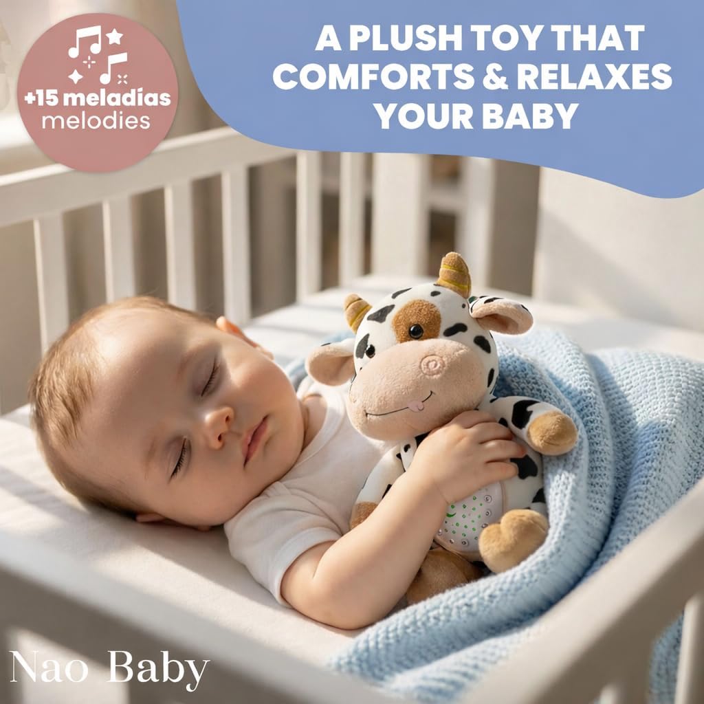 Baby Sound Machine Plush Cow with Cry Detector & Star Projector – USB Rechargeable White Noise Machine Baby with 15 Melodies & Timer – Lullaby Sound Machine & Baby Sleep Soother for Newborns - Image 7