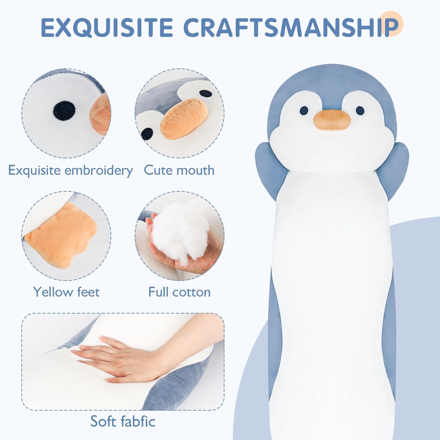 Dalmao 36" Penguin Stuffed Animal, Soft Jumbo Long Cuddle Pillow, Cute Blue Penguin Plush Body Pillow Plushies Toy Gift for Kids, Boy and Girls Birthday, Easter - Image 2