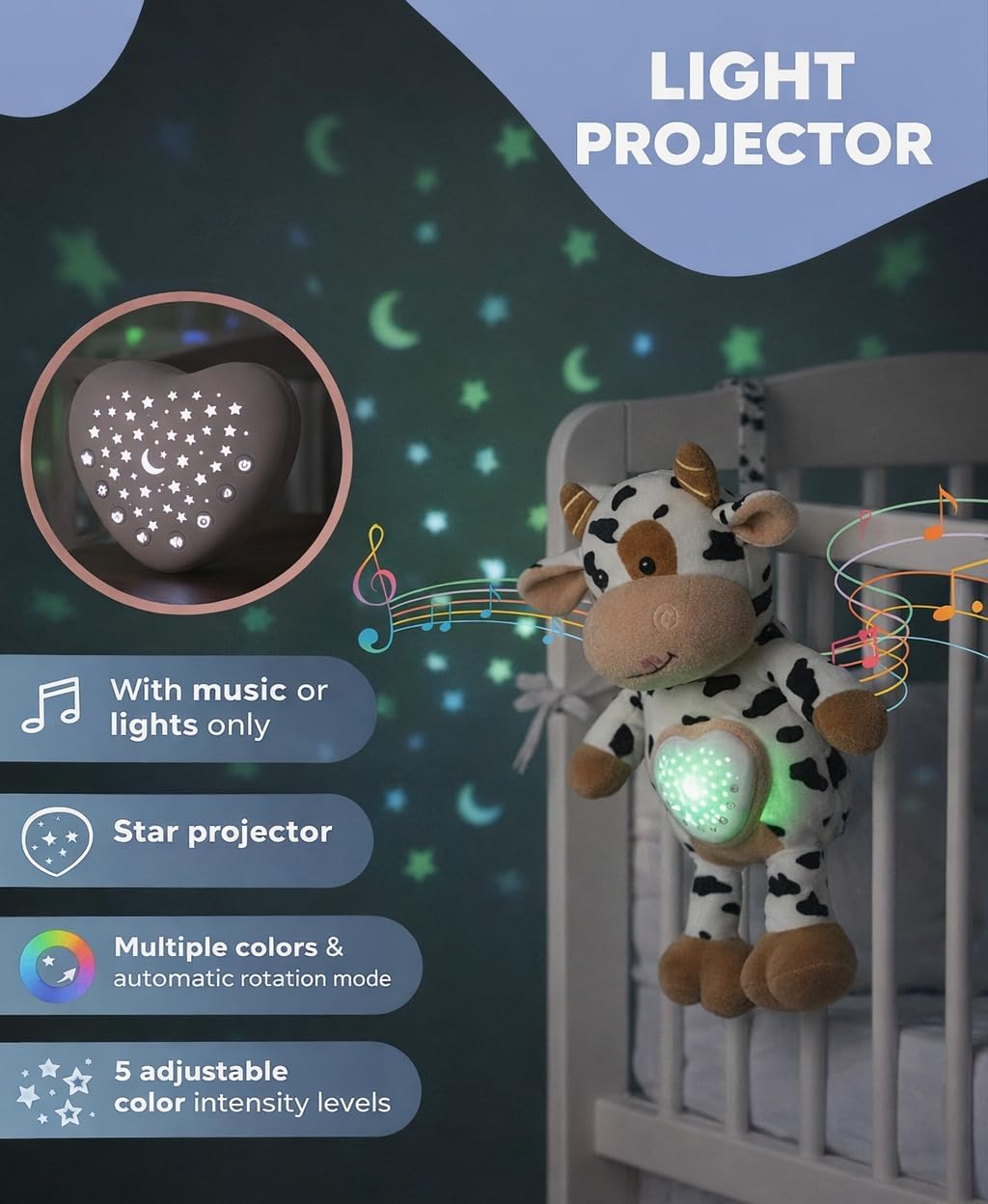 Baby Sound Machine Plush Cow with Cry Detector & Star Projector – USB Rechargeable White Noise Machine Baby with 15 Melodies & Timer – Lullaby Sound Machine & Baby Sleep Soother for Newborns - Image 3
