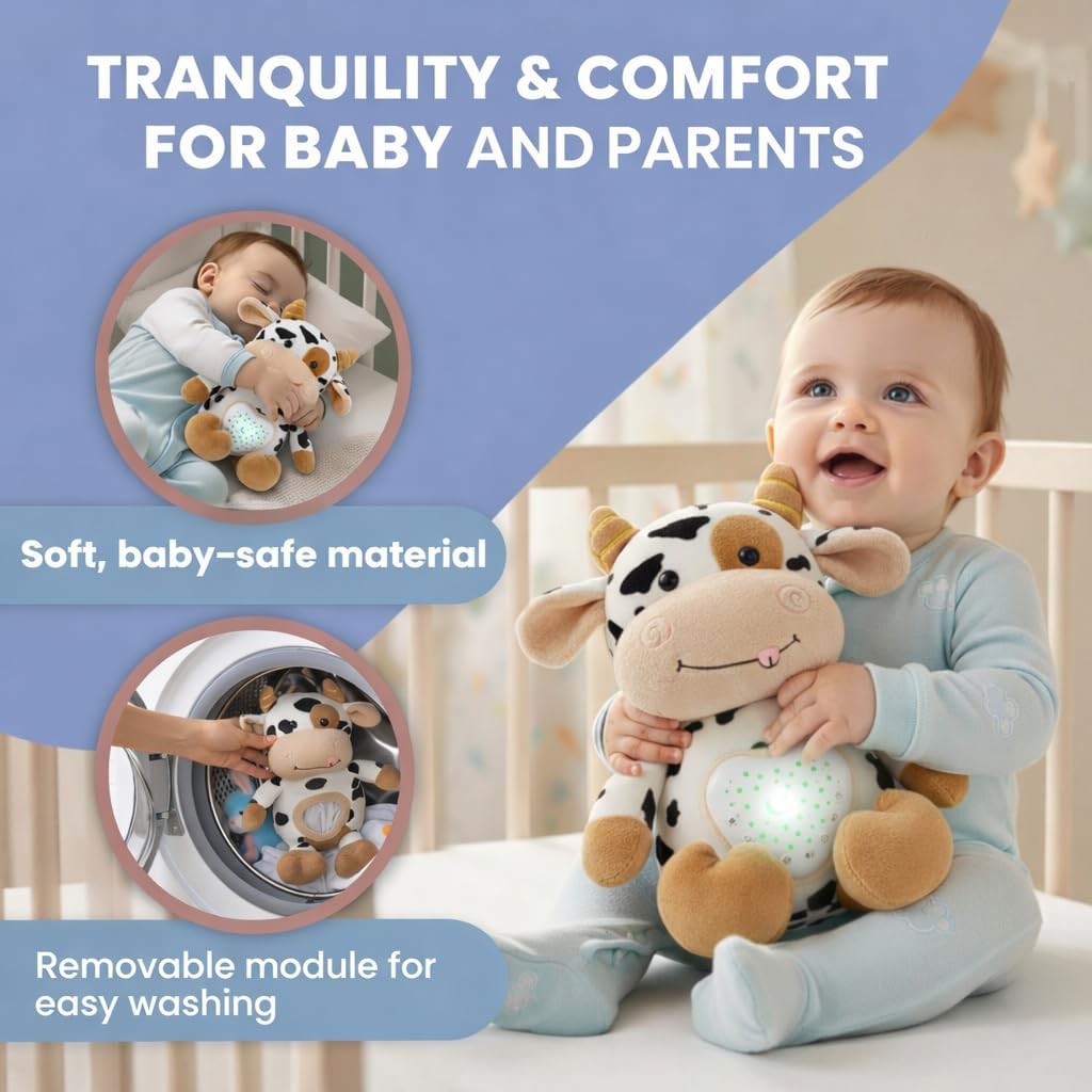 Baby Sound Machine Plush Cow with Cry Detector & Star Projector – USB Rechargeable White Noise Machine Baby with 15 Melodies & Timer – Lullaby Sound Machine & Baby Sleep Soother for Newborns - Image 4