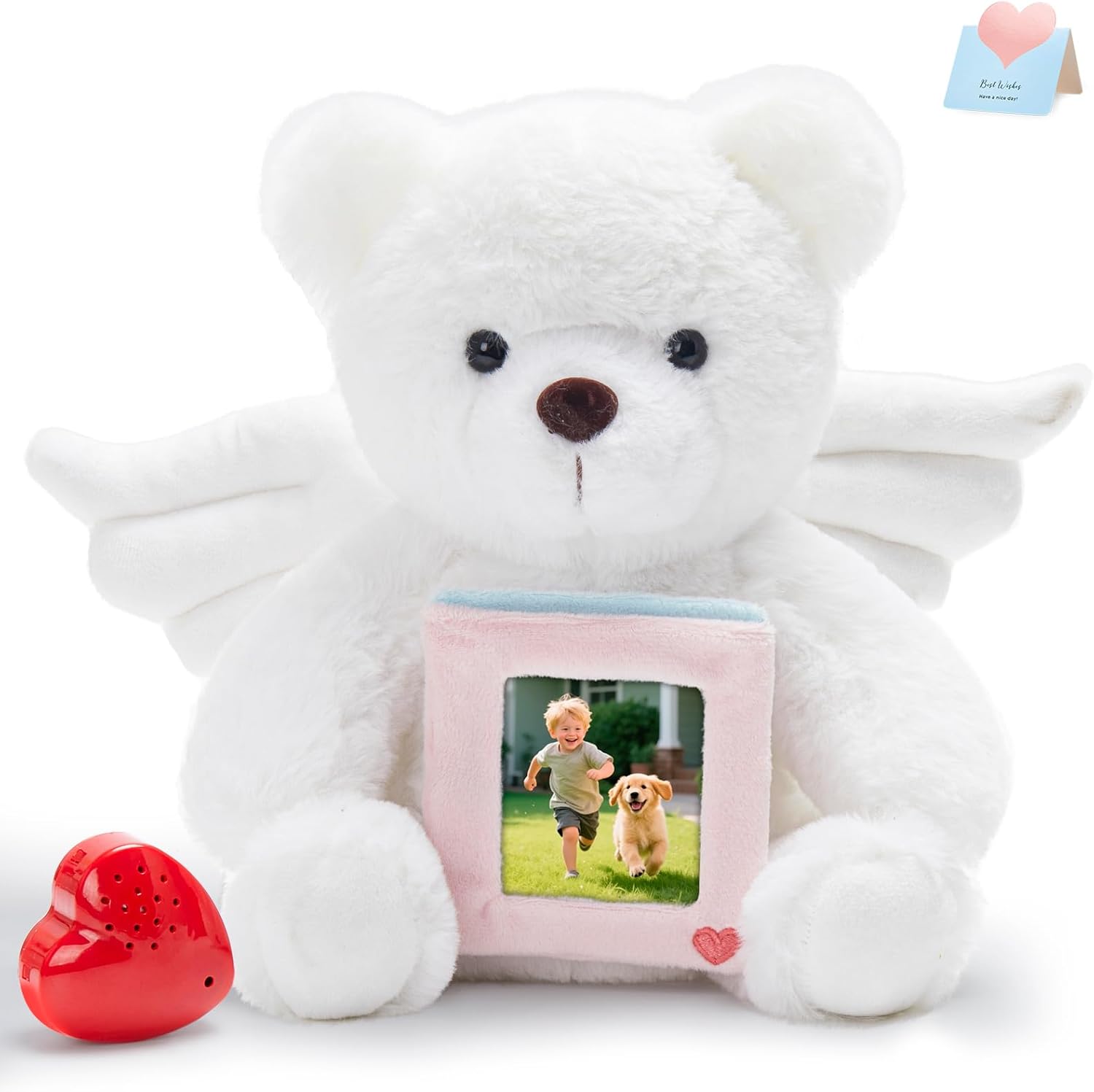 10" Heartbeat Recordable Guardian Angel Bear, Voice Recorder Teddy Bear w/30 Sec Recorder, Comforting Plush Toy with Photo Frame Messages Recording Playback Gifts for Remembrance Newborns Birthday