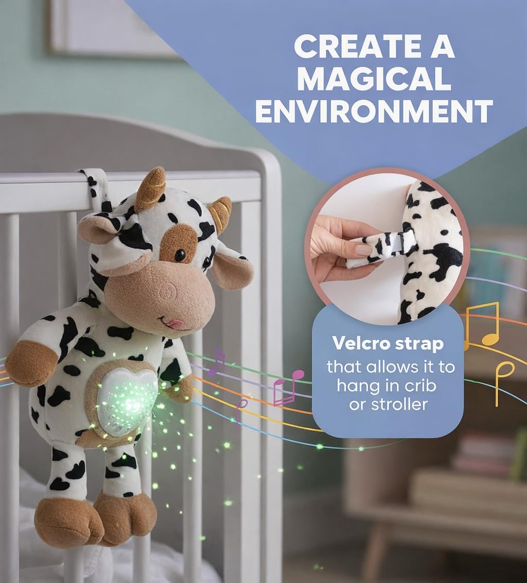 Baby Sound Machine Plush Cow with Cry Detector & Star Projector – USB Rechargeable White Noise Machine Baby with 15 Melodies & Timer – Lullaby Sound Machine & Baby Sleep Soother for Newborns - Image 5