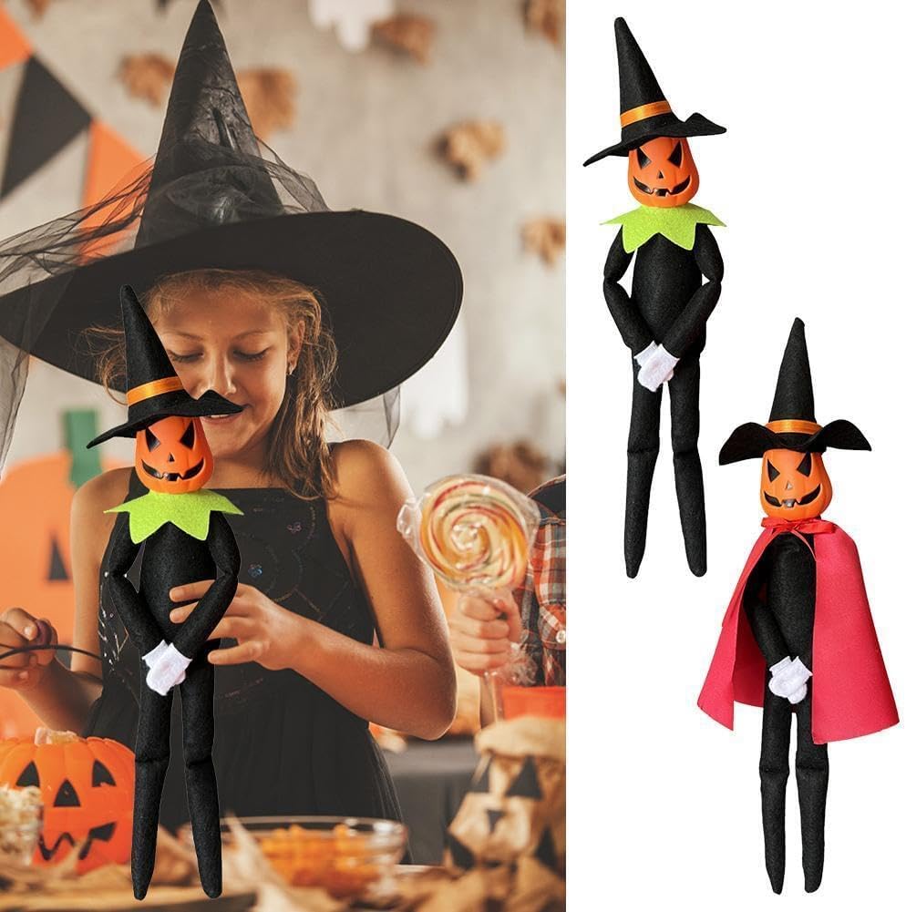 14Inch Halloween Pumpkin Elf Plush Stuffed Doll,Handmade Pumpkin Elf Toy with Black Hat,White Gloves,Dresses,and Cape for Halloween and Autumn Harvest Holiday Tabletop Home Decorations (Green) - Image 8