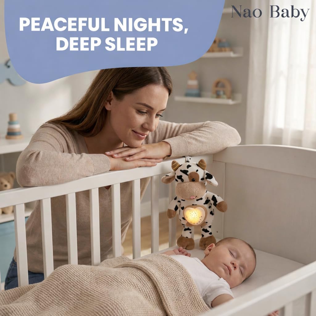 Baby Sound Machine Plush Cow with Cry Detector & Star Projector – USB Rechargeable White Noise Machine Baby with 15 Melodies & Timer – Lullaby Sound Machine & Baby Sleep Soother for Newborns - Image 6