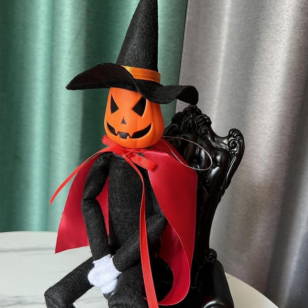 14Inch Halloween Xmas Pumpkin Elf Plush Stuffed Doll,Handmade Pumpkin Elf Toy with Black Hat,White Gloves,Dresses,and Cape for Halloween and Autumn Harvest Holiday Tabletop Home Decorations (Red) - Image 5