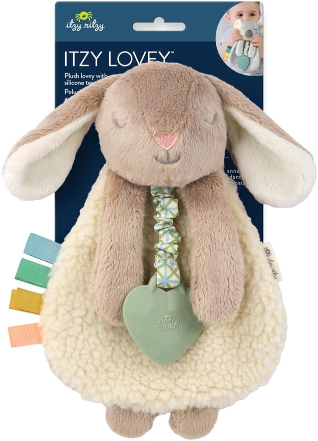 Itzy Ritzy - Itzy Lovey Including Teether - Baby Lovey with Teether, Textured Ribbons & Dangle Arms - Features Crinkle Sound, Sherpa Fabric and Minky Plush (Taupe Bunny) - Image 8