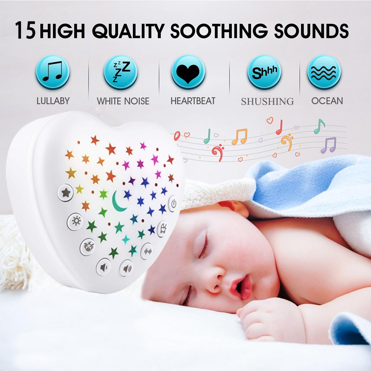 BEREST A13 White Noise Machine & Baby Sleep Soother with 15 Soothing Sounds & Projector Night Light Music Box, Cry Sensor, Rechargeable, Portable for Newborns, Toddlers, Attaches to Crib - Image 2