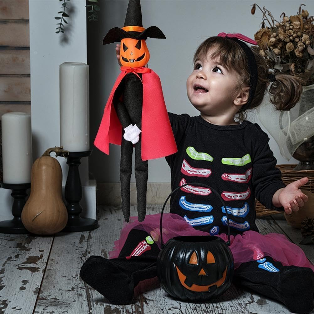 14Inch Halloween Xmas Pumpkin Elf Plush Stuffed Doll,Handmade Pumpkin Elf Toy with Black Hat,White Gloves,Dresses,and Cape for Halloween and Autumn Harvest Holiday Tabletop Home Decorations (Red) - Image 2