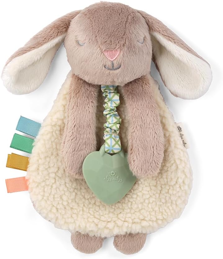 Itzy Ritzy - Itzy Lovey Including Teether - Baby Lovey with Teether, Textured Ribbons & Dangle Arms - Features Crinkle Sound, Sherpa Fabric and Minky Plush (Taupe Bunny)