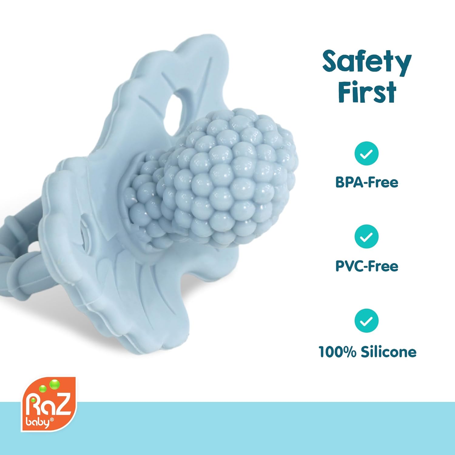 RaZbaby Sloth RaZbuddy w/RaZberry Teething Relief Pacifier – Soothes Sore Gums w/Nature-Inspired Texture, 100% BPA-Free Silicone Teether, Detachable Stuffed Animal – 3 Months+ Teether, Tan - Image 5