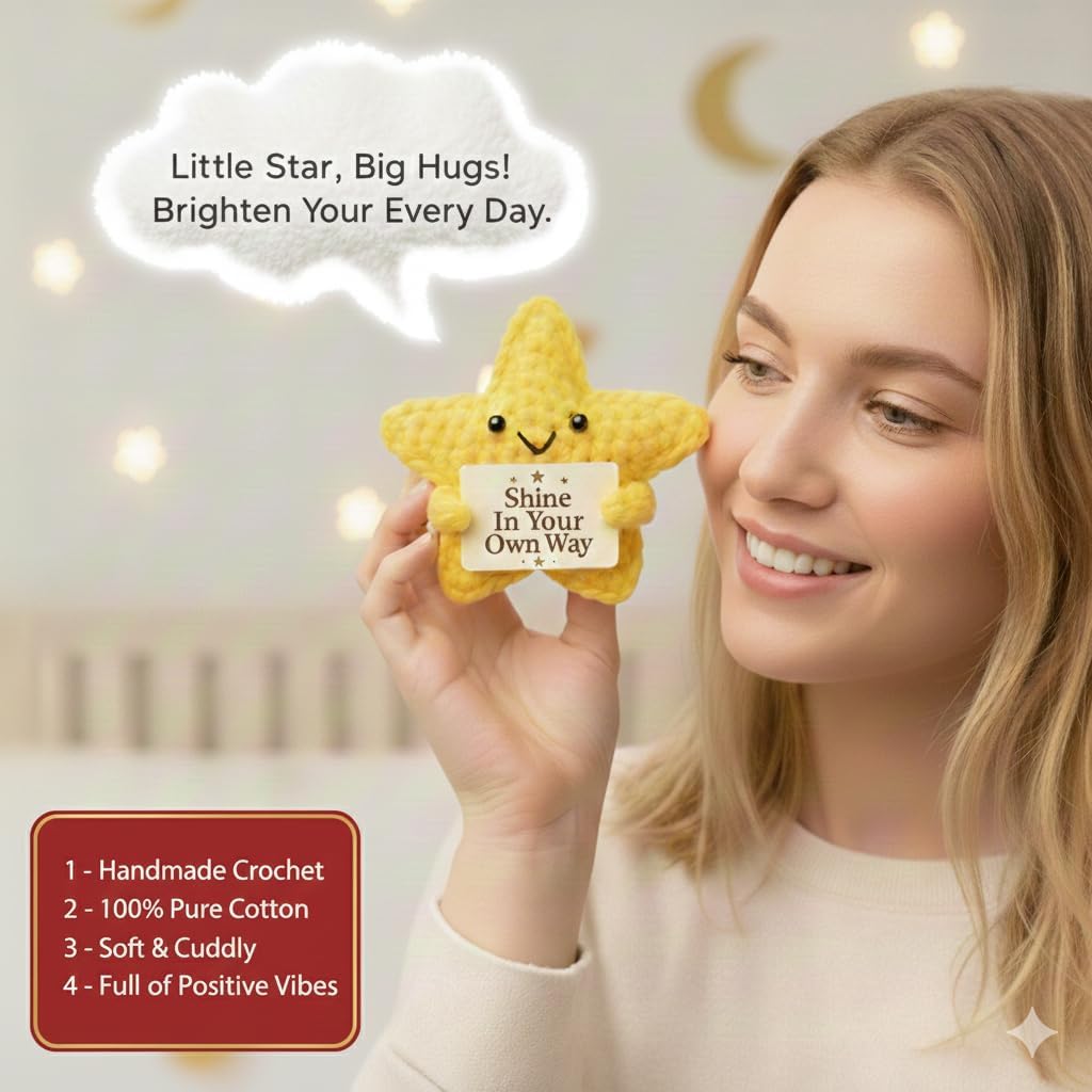 Handmade Crochet Positive Star Plushie, Adorable Yellow Emotional Support Companion with Gift Bag, Super Star Gift, Yellow Crochet Decor Perfect for Cuddles and Companionship,Cute Power-Up Style - Image 7