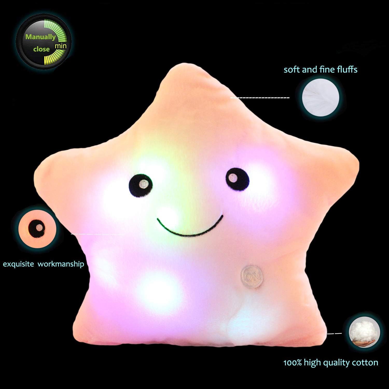 Creative Twinkle Star Shaped Plush Pillow, LED Night Light Glowing Cushions Stuffed Toys Gifts for Kids, Decoration (Pink) - Image 2