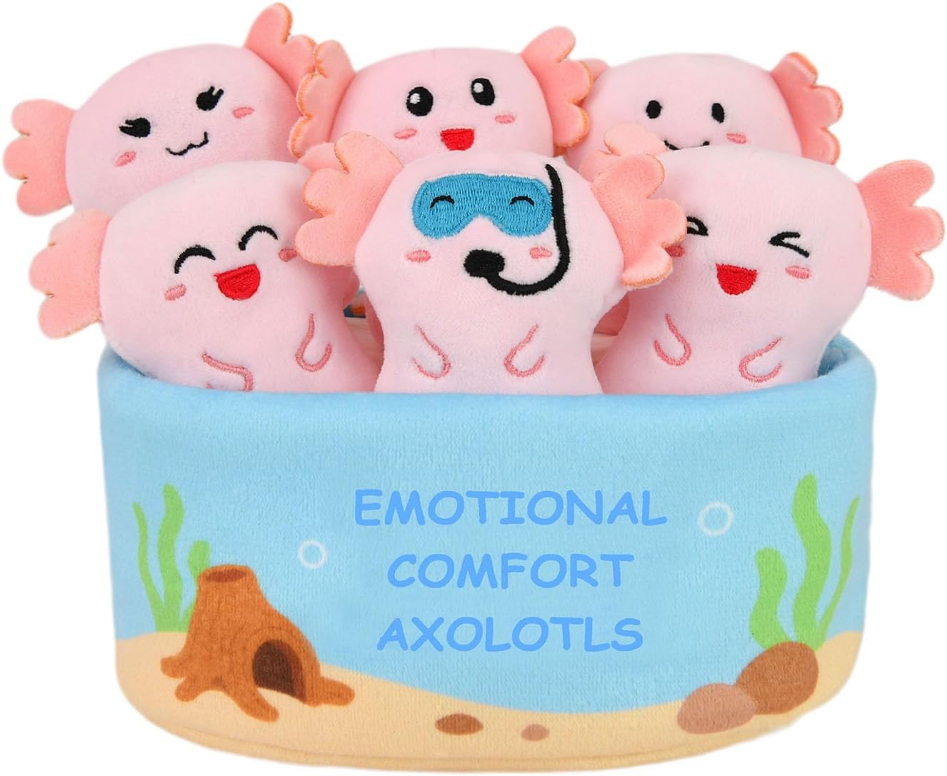 Kingwee Positive Emotional Support Axolotl Plush Toy, 6 Cute Stuffed Axolotls in 1 Plush Aquarium, Funny Stuffed Animal Gift for Women & Men, Girls, Friends, & Coworkers, Stress Relief Stuffies