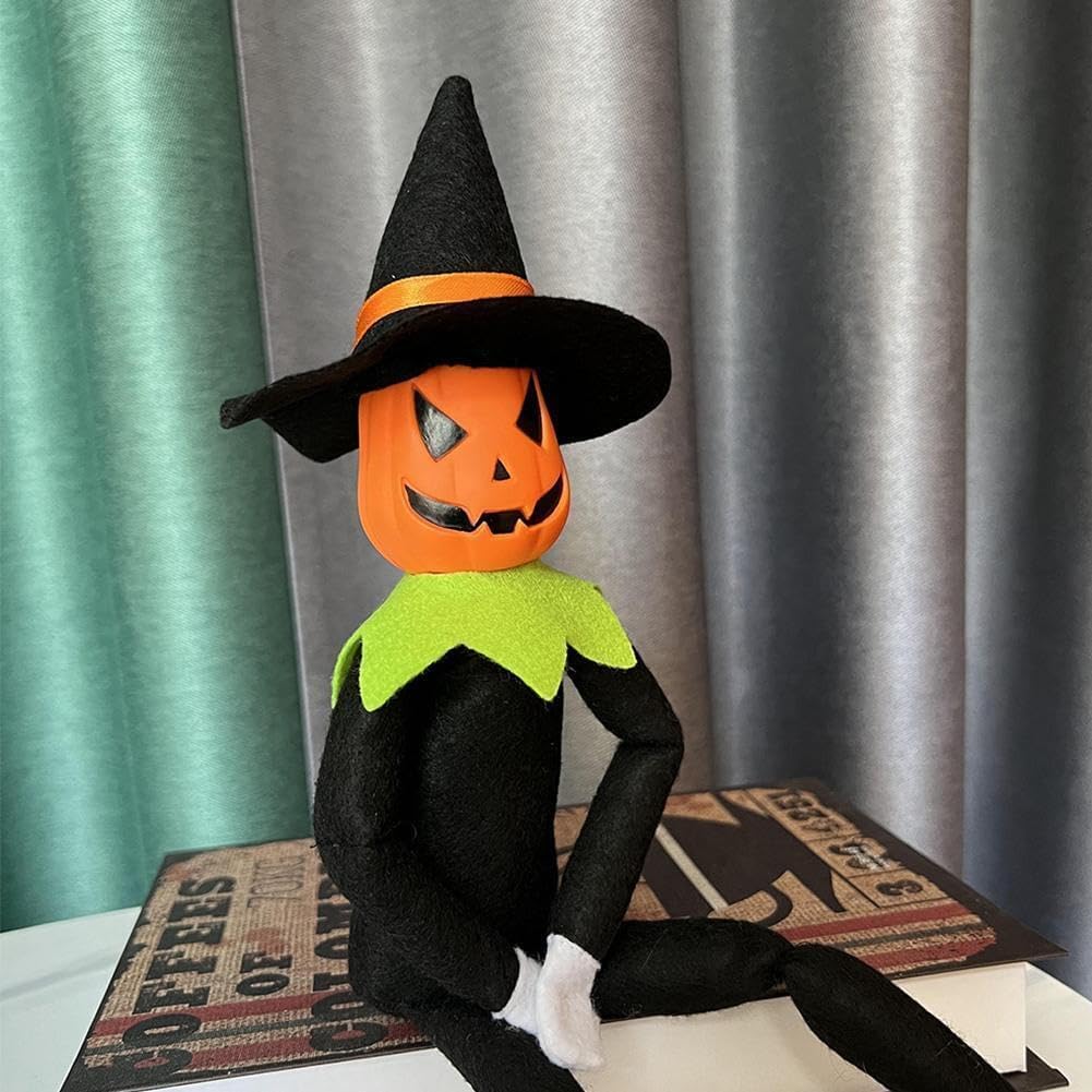 14Inch Halloween Pumpkin Elf Plush Stuffed Doll,Handmade Pumpkin Elf Toy with Black Hat,White Gloves,Dresses,and Cape for Halloween and Autumn Harvest Holiday Tabletop Home Decorations (Green) - Image 3
