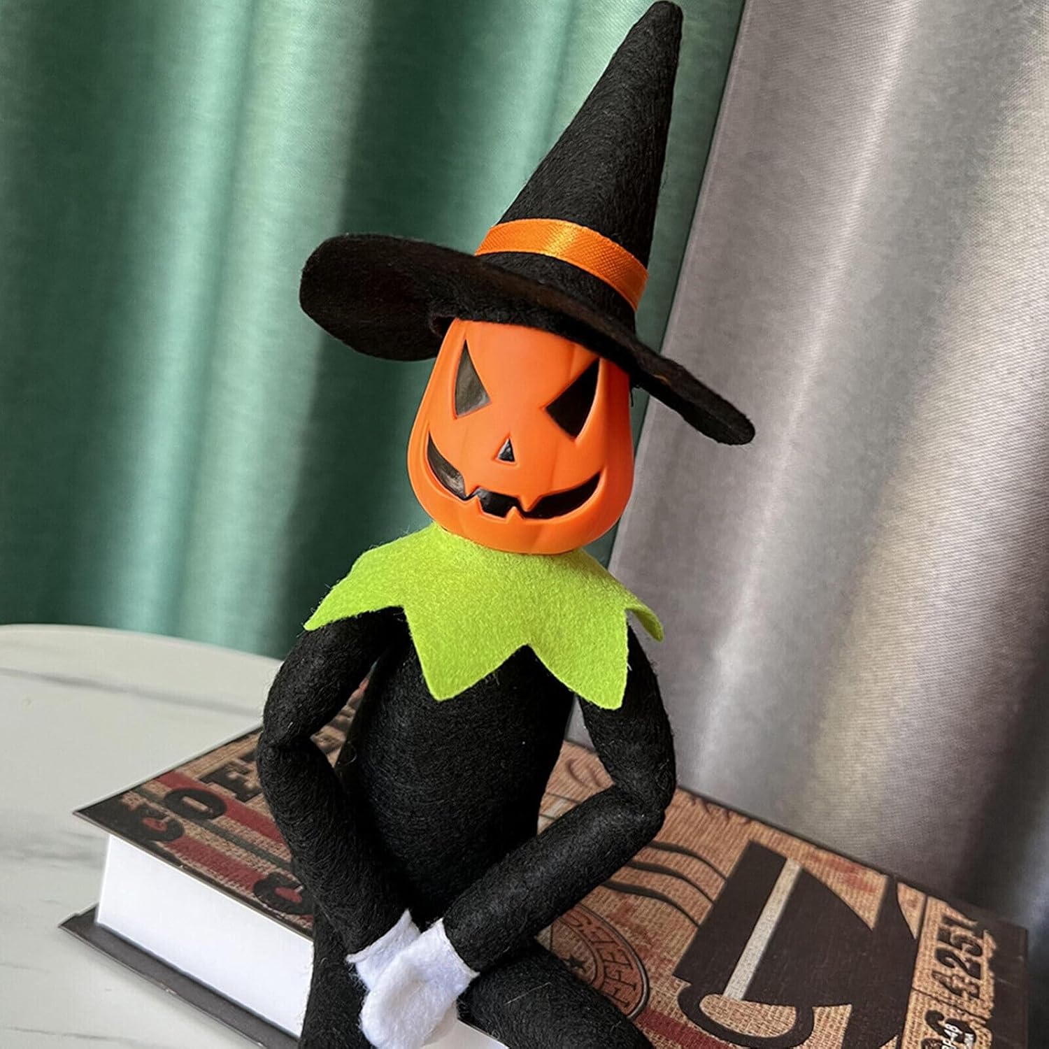 14Inch Halloween Pumpkin Elf Plush Stuffed Doll,Handmade Pumpkin Elf Toy with Black Hat,White Gloves,Dresses,and Cape for Halloween and Autumn Harvest Holiday Tabletop Home Decorations (Green) - Image 7