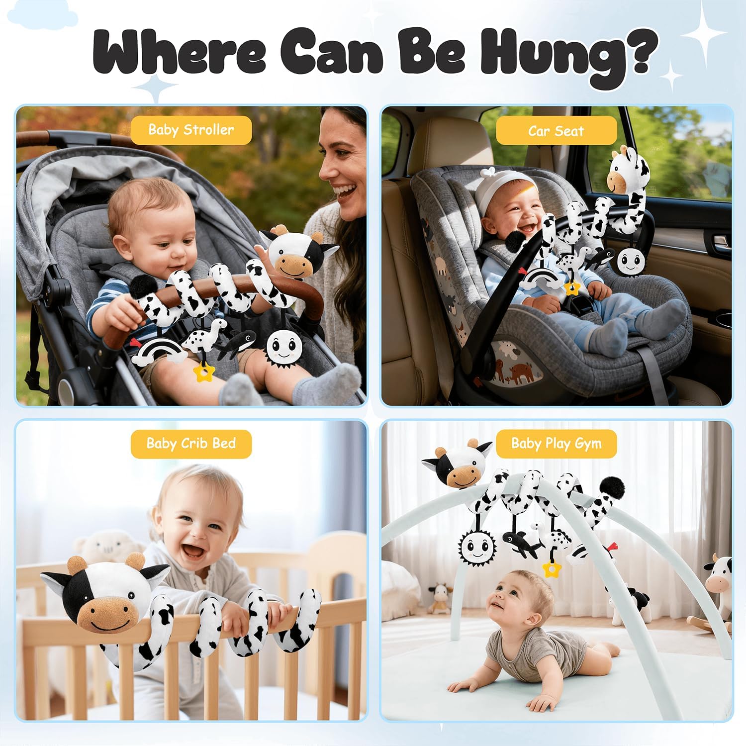 Spiral Car Seat Baby Toys 0-6 Months, Infant Carseat High Contrast Sensory Toys Hanging Stroller Accessories, Newborn Shower Gifts for Baby Boys Essentials Stuff, Cute Black and White Cow - Image 4