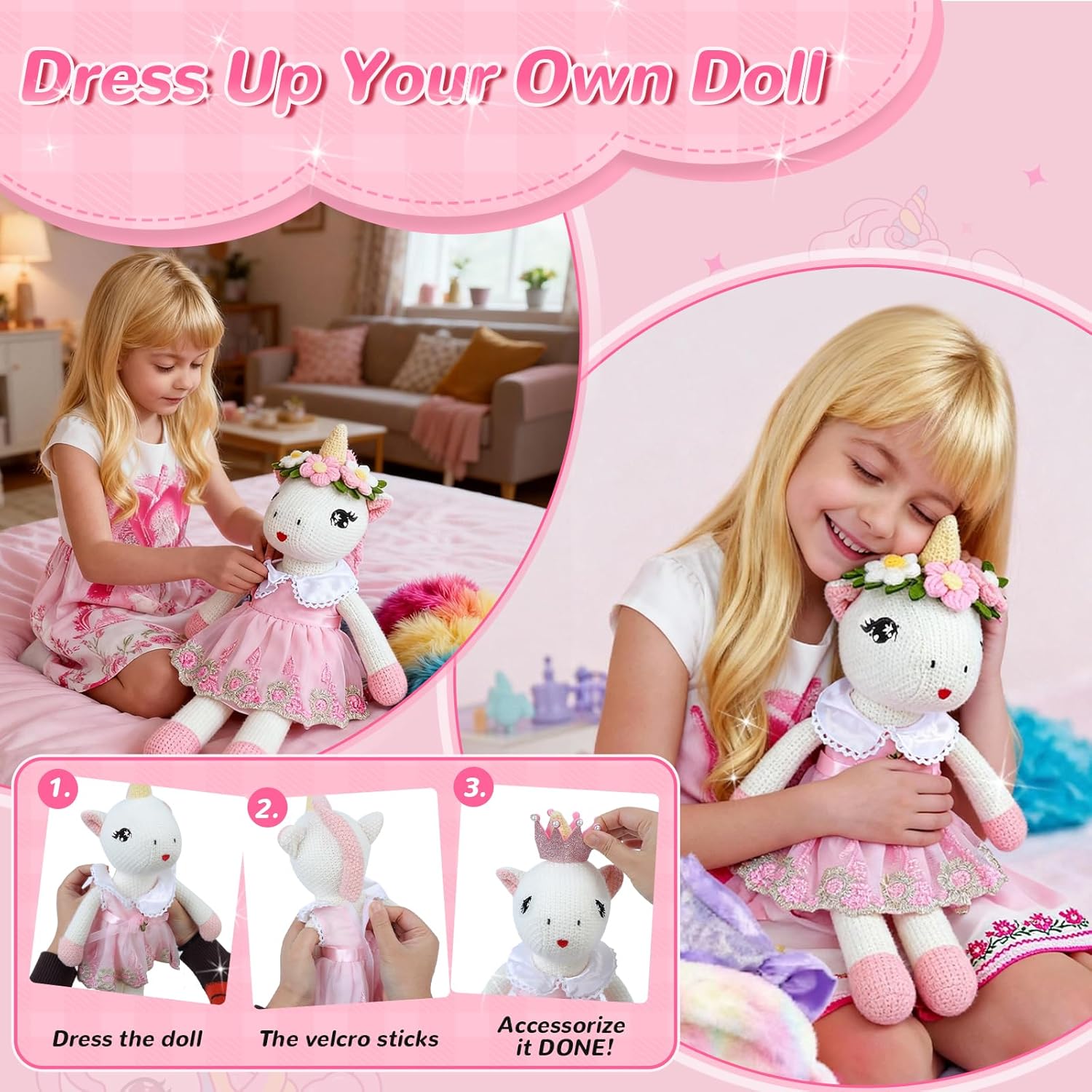 Unicorns Toys for Girls Age 3-10, Ballerina Stuffed Animal Girl Toys with 3 Set Clothes & Plush Storage Bag, Dress up Doll Birthday Gift for Toddles Girls Stocking Stuffers - Image 6