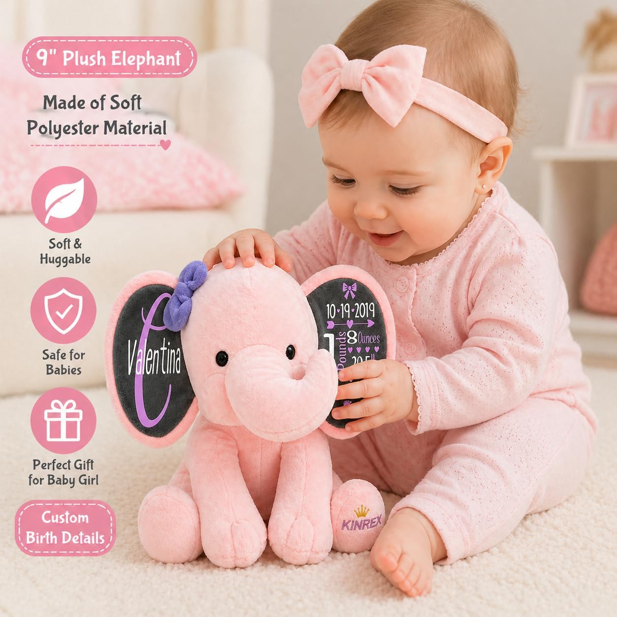 Personalized Elephant Stuffed Animal - Custom Birth Stats Announcement Stuff Elephants Animals for Babies, Baby Shower, Boy, Girl, Newborn, Customized Keepsake Plush Bear Gifts, Pink 9 Inches - Image 6