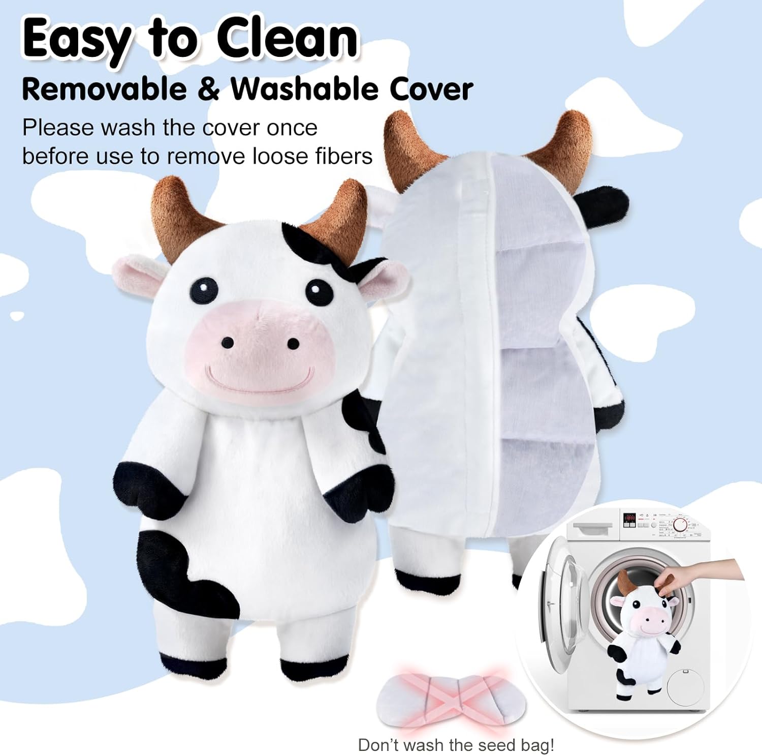 Milk Cow Microwavable Heating Pads for Belly, Neck & Shoulders, Heatable Plush with Moist Heat, Removable Plush Cover, Unscented Natural Fill, Adorable Surprise Present, 6.3" x 10.6", 1.5 lb - Image 3