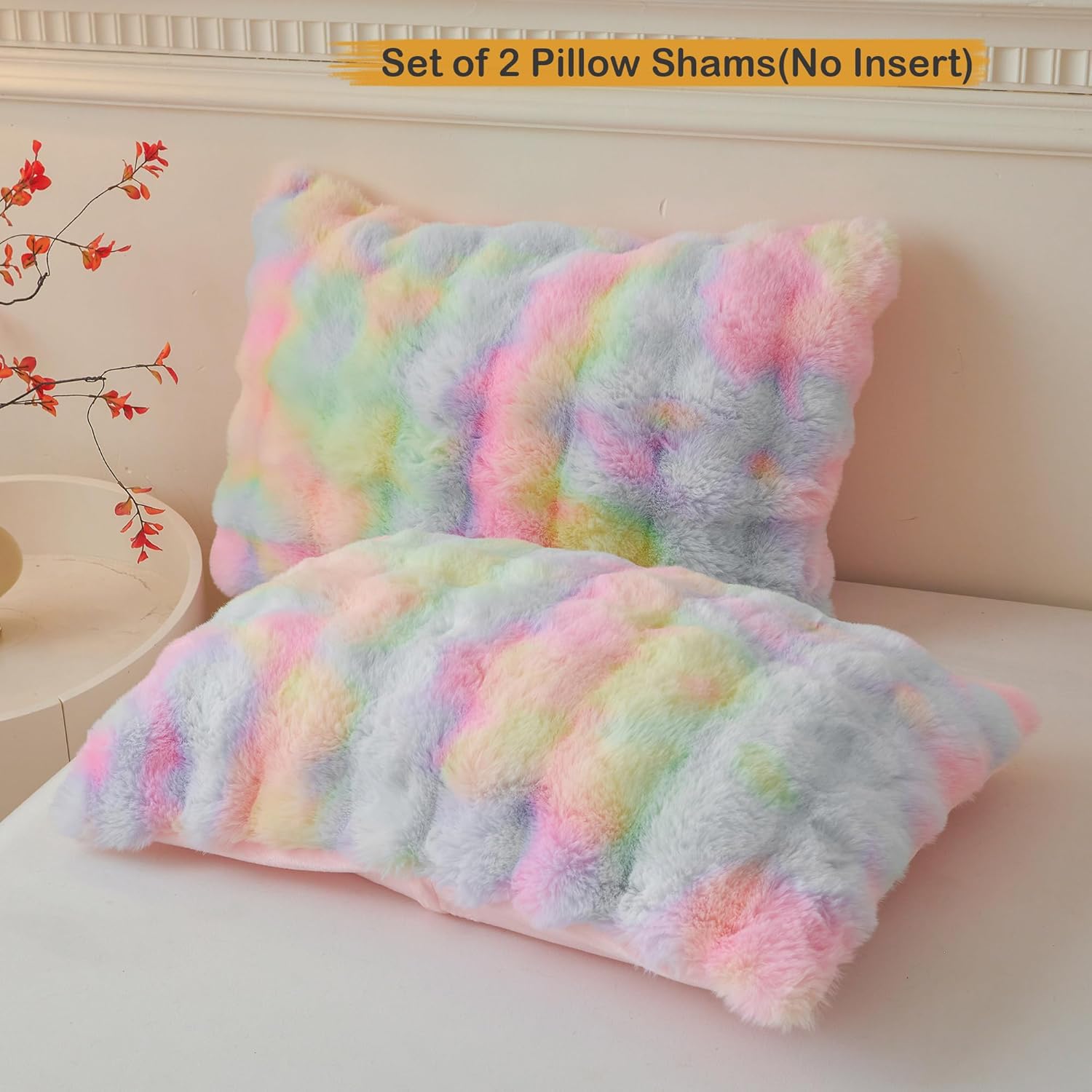 LIFEREVO 2 Pieces Fluffy Faux Rabbit Fur Pillow Cases, Luxury Soft Plush Shaggy Bubble Pillowcases Standard Size with Zipper, Furry Fuzzy Long Pillow Shams for Adult Girls Kids Teens 20x26, Rainbow - Image 2