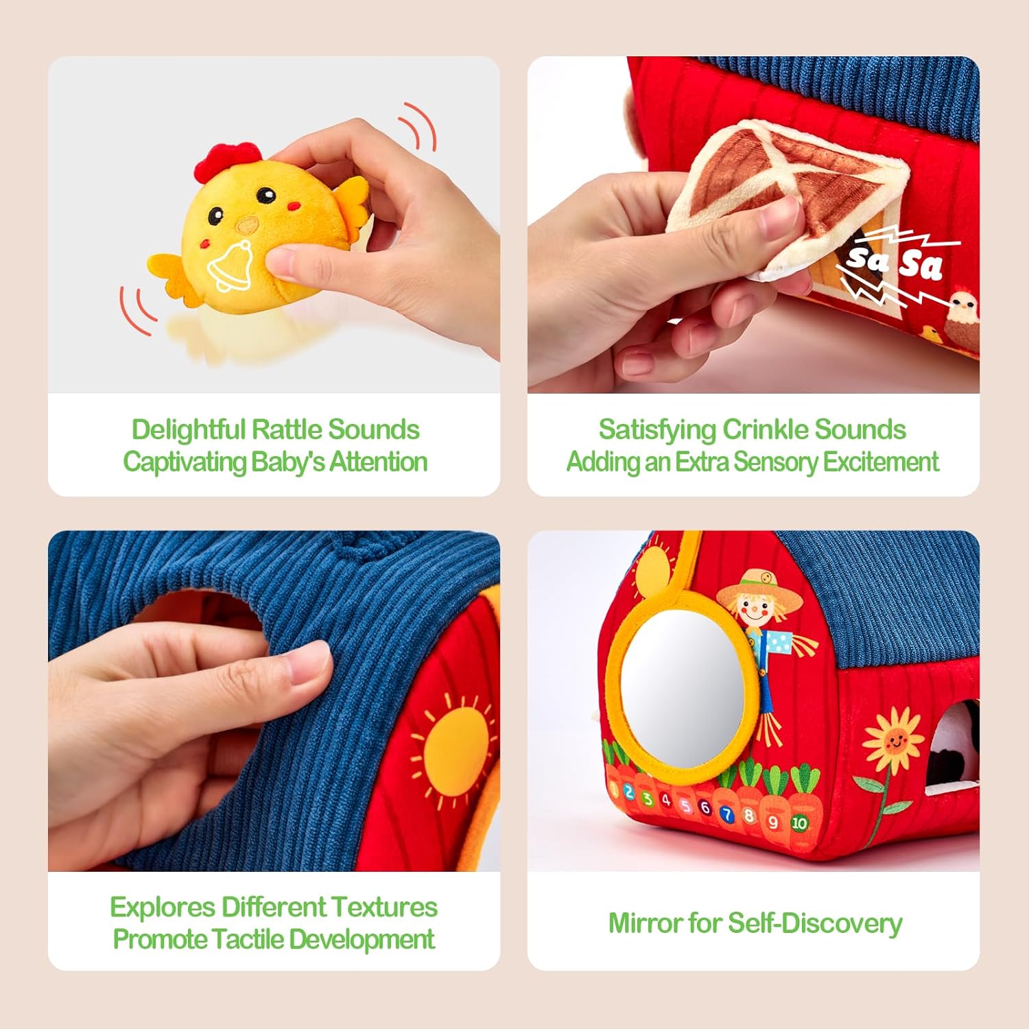 hahaland Baby Toys 6-12 Months - Surprise Barn Stuffed Farm Animals, Rattle, Crinkle, Mirror, Montessori Toys for 6 Month Old Sensory Balls 1-3, Baby Boy Gifts, Farm Plush Toys for Babies Travel Toy - Image 3