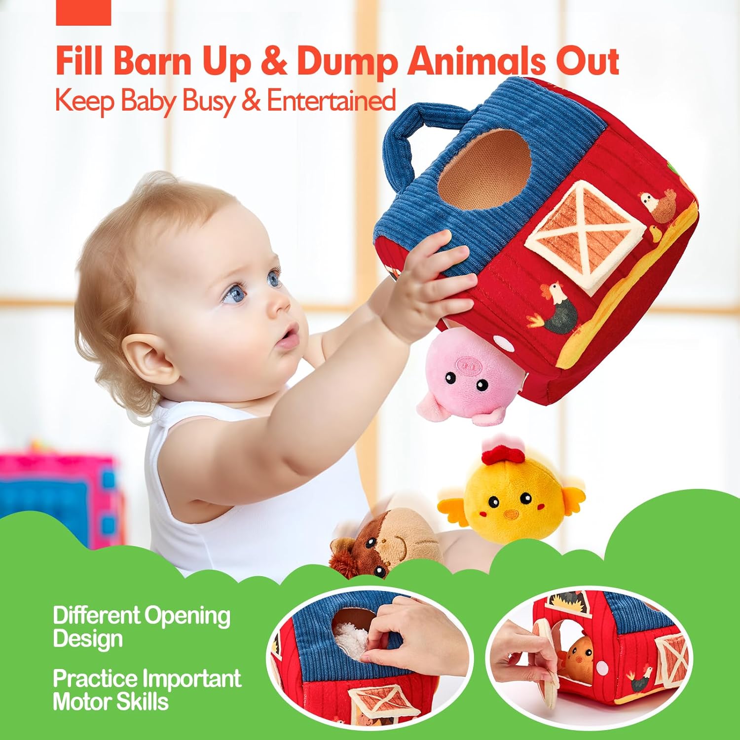hahaland Baby Toys 6-12 Months - Surprise Barn Stuffed Farm Animals, Rattle, Crinkle, Mirror, Montessori Toys for 6 Month Old Sensory Balls 1-3, Baby Boy Gifts, Farm Plush Toys for Babies Travel Toy - Image 4