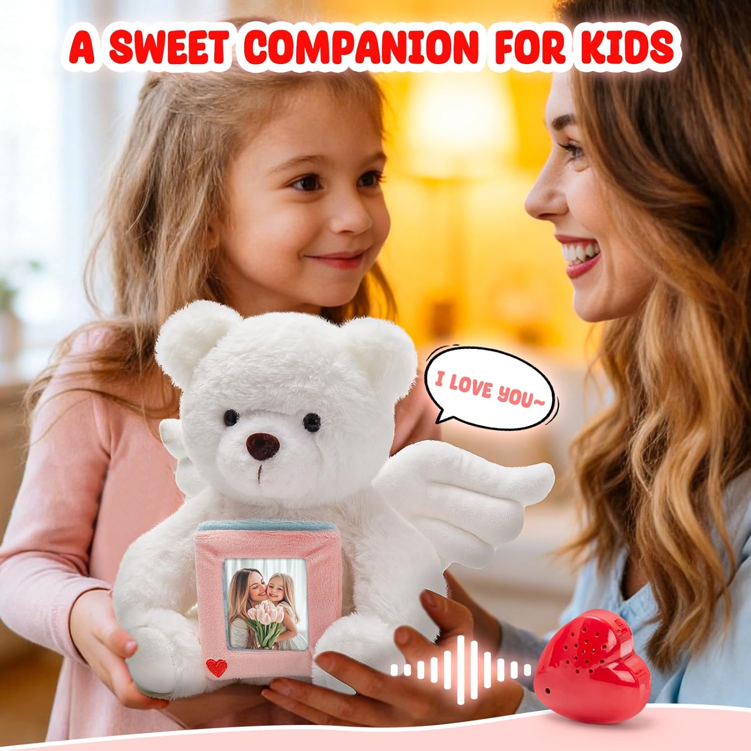 10" Heartbeat Recordable Guardian Angel Bear, Voice Recorder Teddy Bear w/30 Sec Recorder, Comforting Plush Toy with Photo Frame Messages Recording Playback Gifts for Remembrance Newborns Birthday - Image 2