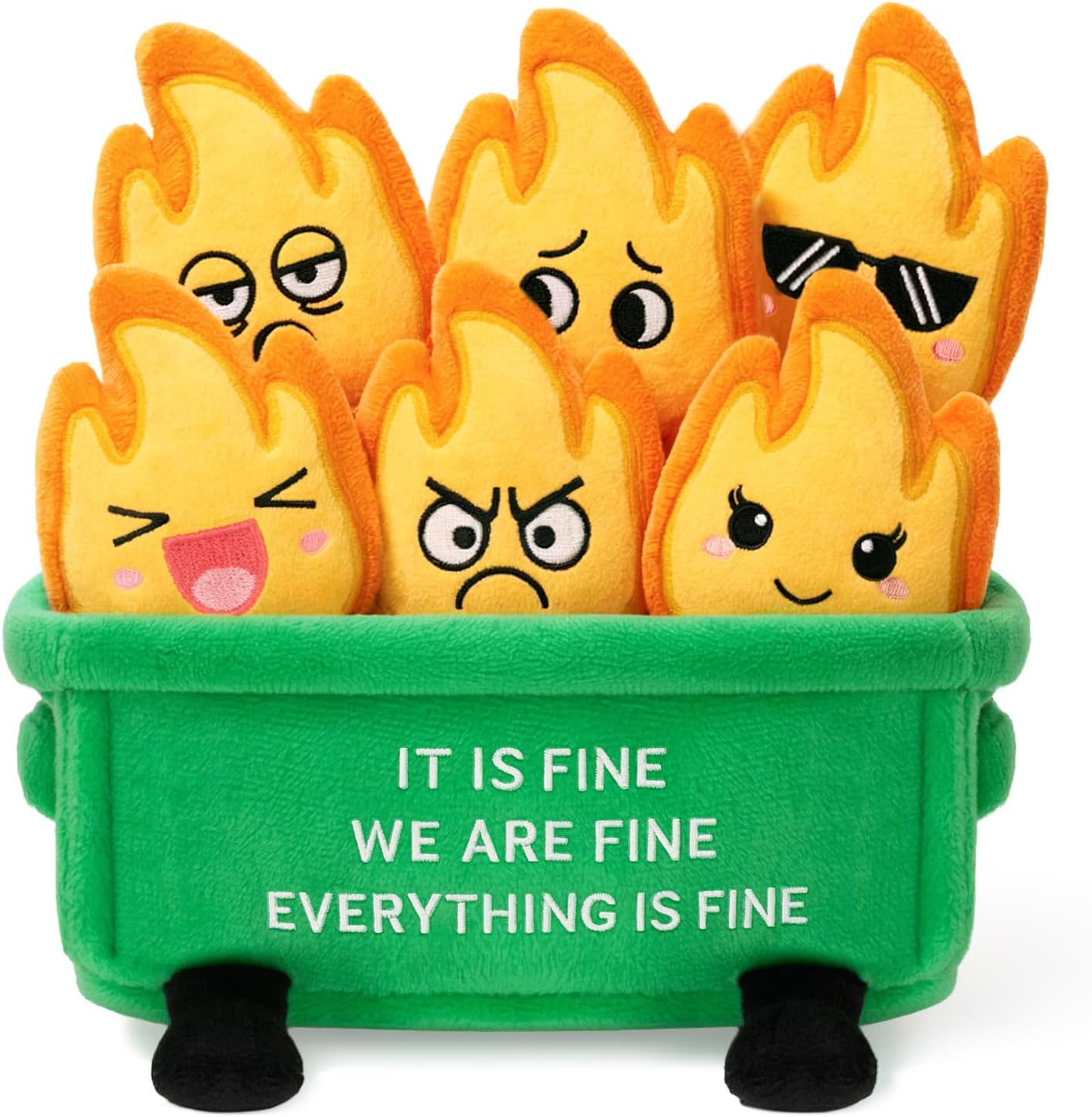 Emotional Dumpster Plush – Funny Dumpster Desk Accessories with 6 Fire Plushies, Cute Stuffed Doll Gift for Women Coworkers Office Decor (Green)