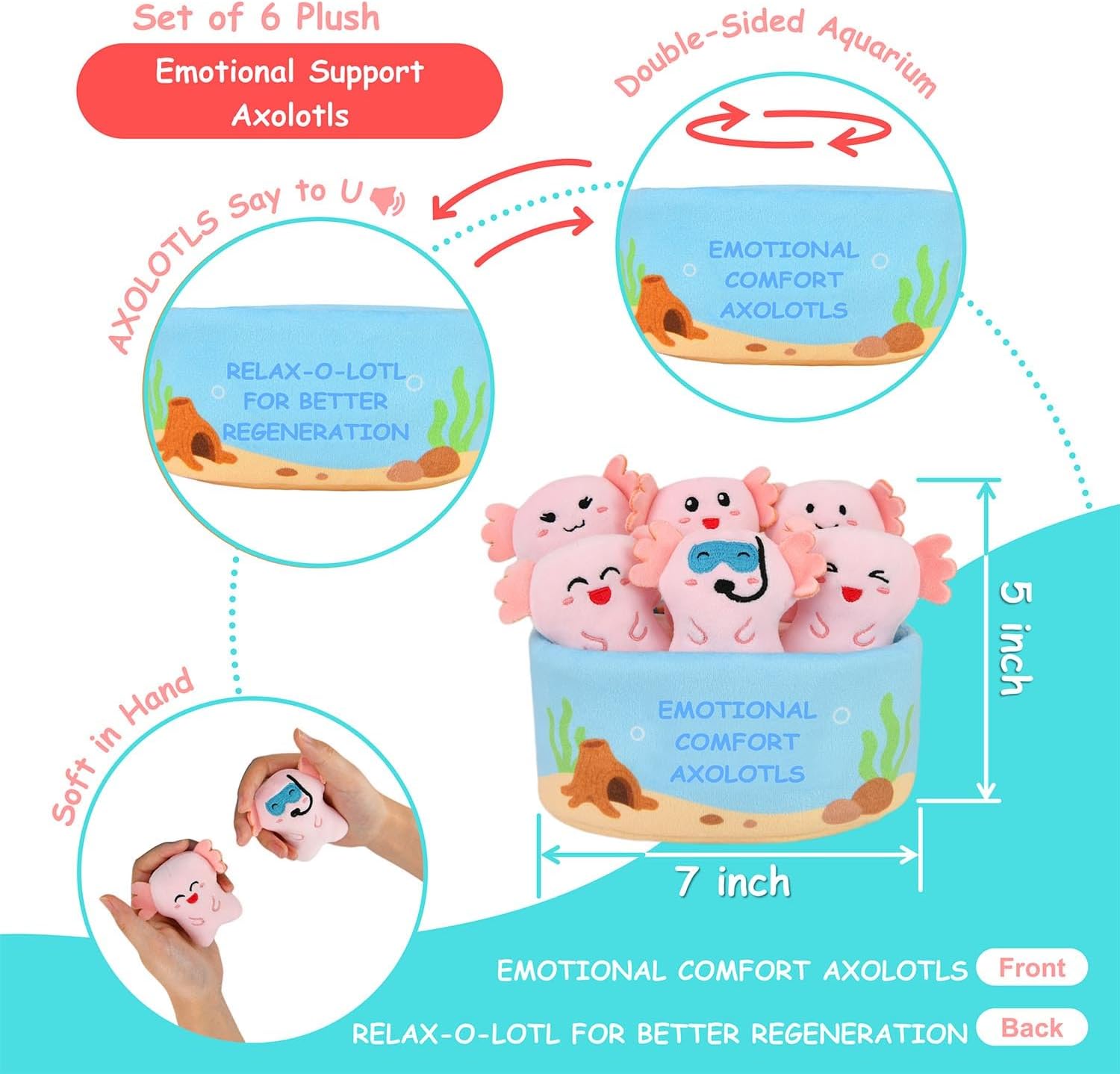 Kingwee Positive Emotional Support Axolotl Plush Toy, 6 Cute Stuffed Axolotls in 1 Plush Aquarium, Funny Stuffed Animal Gift for Women & Men, Girls, Friends, & Coworkers, Stress Relief Stuffies - Image 3