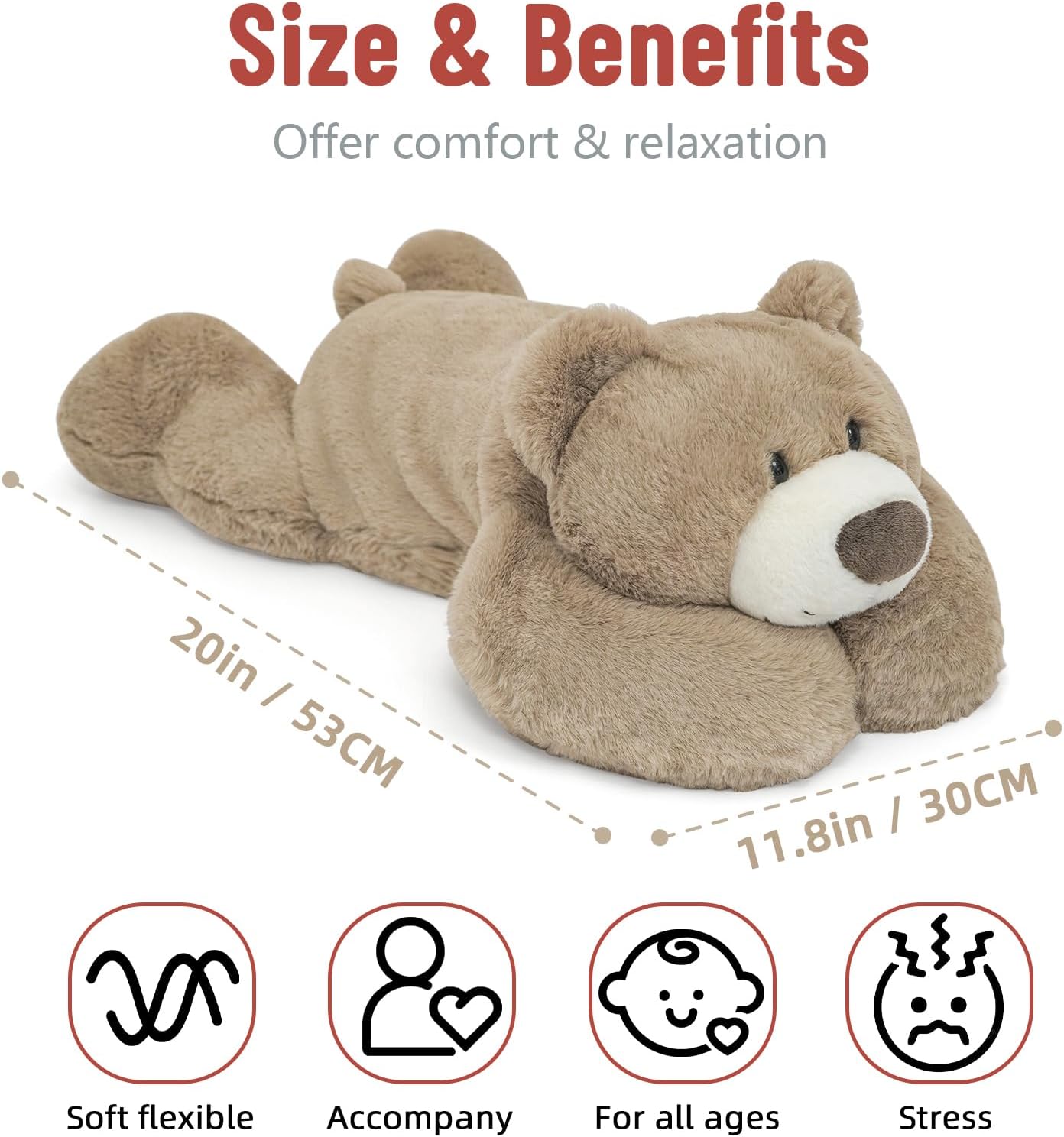 Niuniu Daddy 20" 3.3 lb Weighted Bear Stuffed Animal for Adults Kids, Giant Large Lying Teddy Bear Plush Toy, Soft Brown Bear Body Pillow for Sleeping, Gift for Christmas Birthday Holidays - Image 3