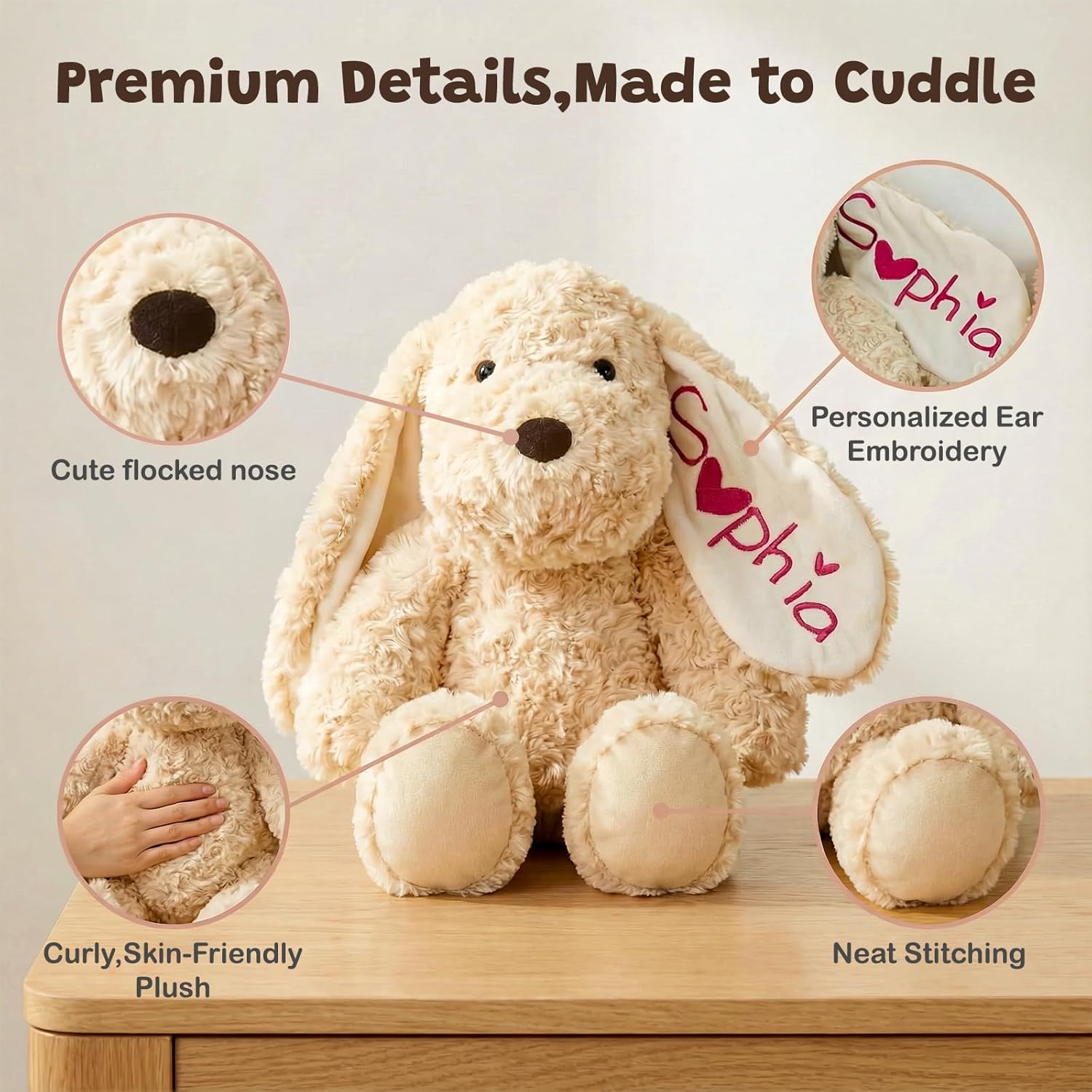 Personalized Custom Stuffed Animal Plush, Custom Name Embroidered Floppy Ear Doll, Nursery Decor Baby Shower Keepsake Gift for Kids and All Ages (Brown) - Image 6