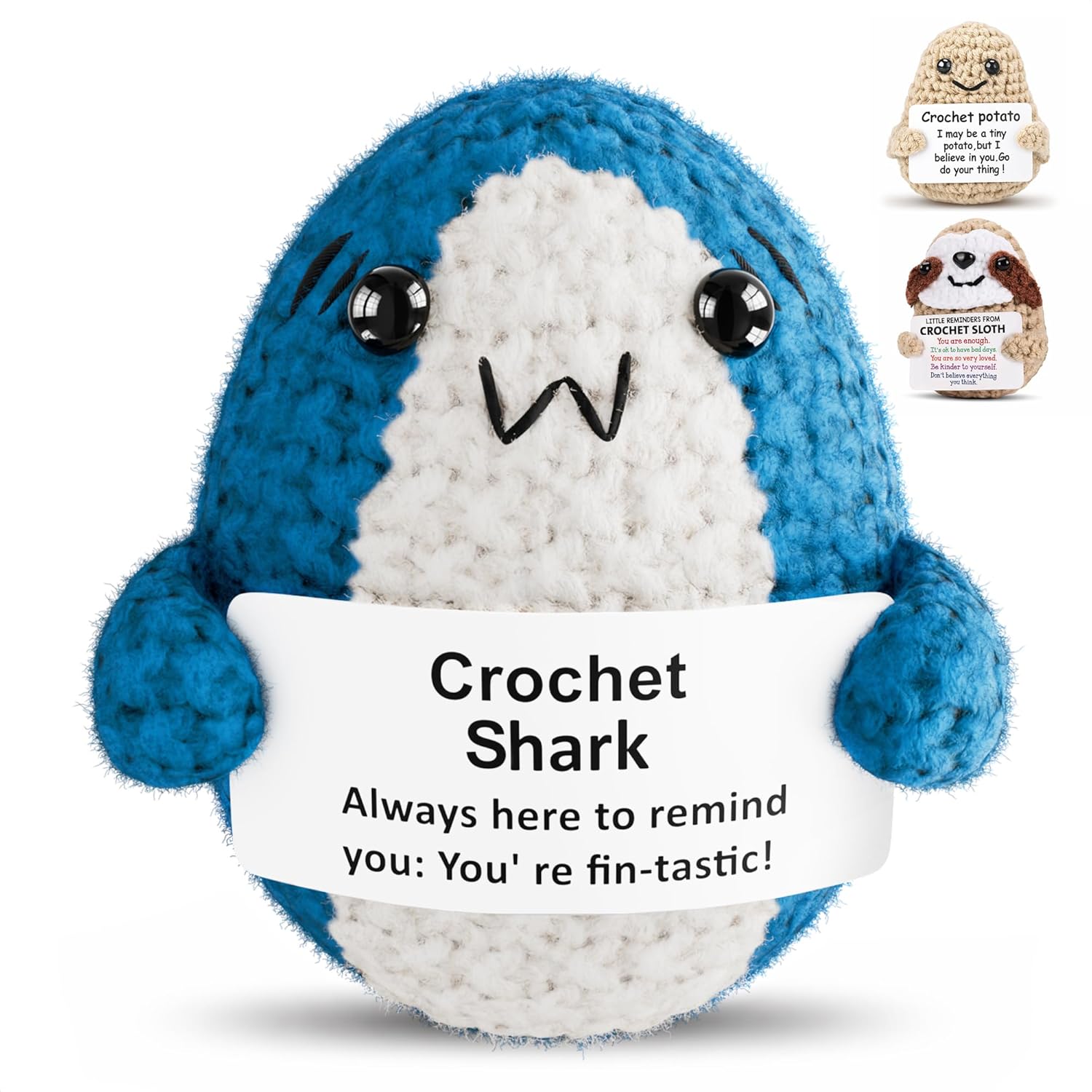 Crochet Shark Plushie – Shark Stuffed Animal with Message Card, Soft Yarn 2.8" – Cute Fathers Day Stuffed Animal, Small Gift for Desk, Basket Filler for Friends, Coworkers & Reminder for Daily Smiles