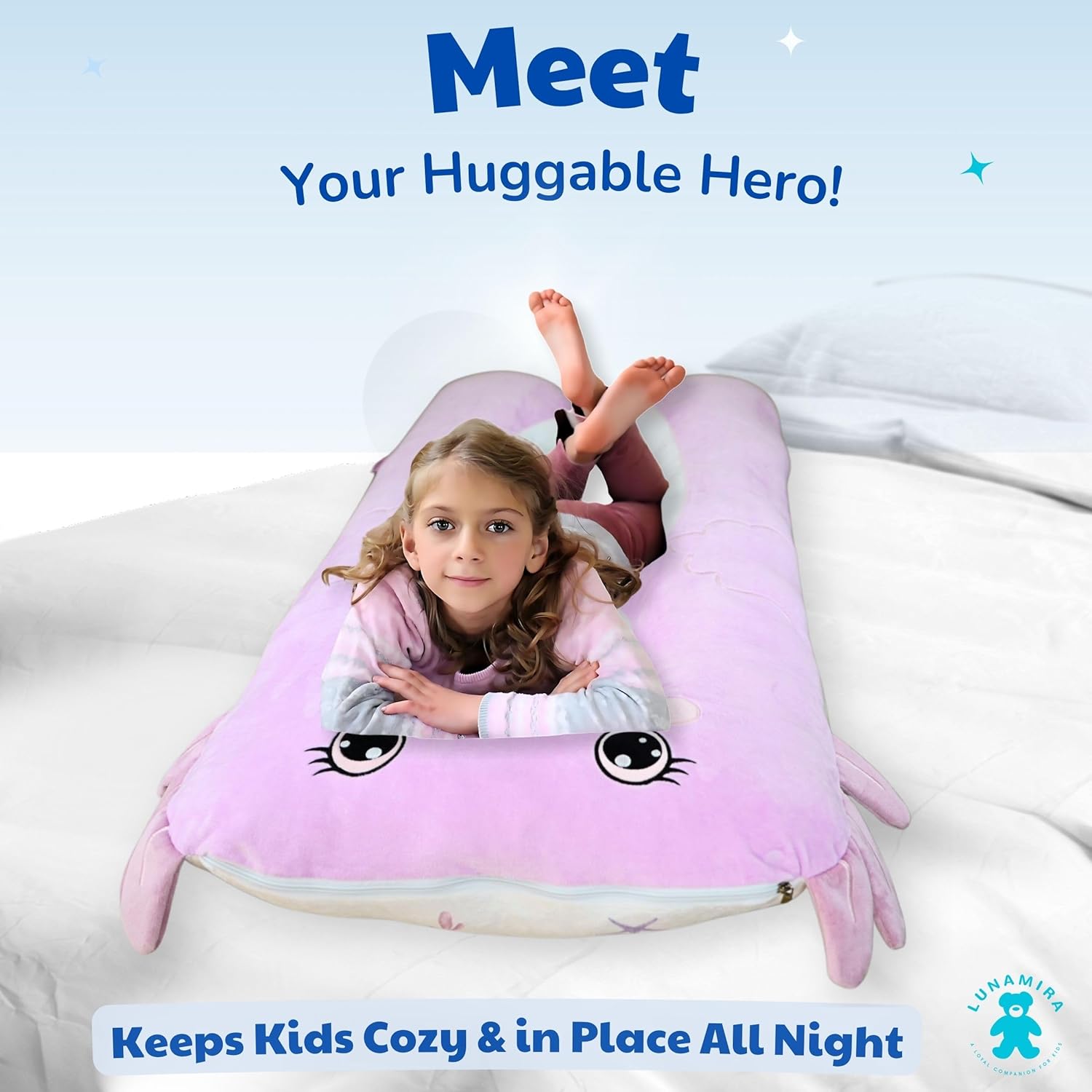 LUNAMIRA Axolotl Kids Body Pillow - 47" U-Shape Long Plush Soft Animal Pillow for Kids, Sleeping, Reading, ADHD & Special Needs Comfort, Anxiety, Washable Cover, Snuggle Fun Cuddle for Boys & Girls - Image 2