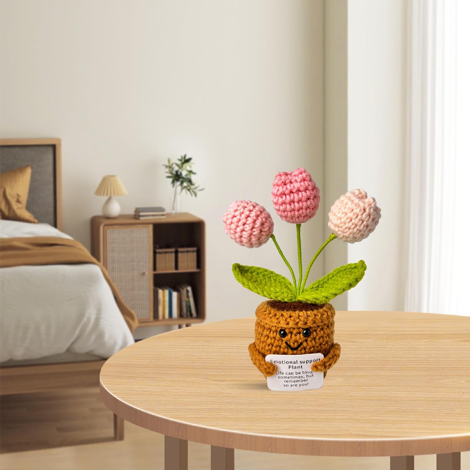 Emotional Support Crochet Flower in Pot,Uplifting Handmade Knitted Plush Plant with Positive Affirmation Card,Cheerful Gift for Office Desk Decor,Home,Car(Pink Tulip) - Image 5
