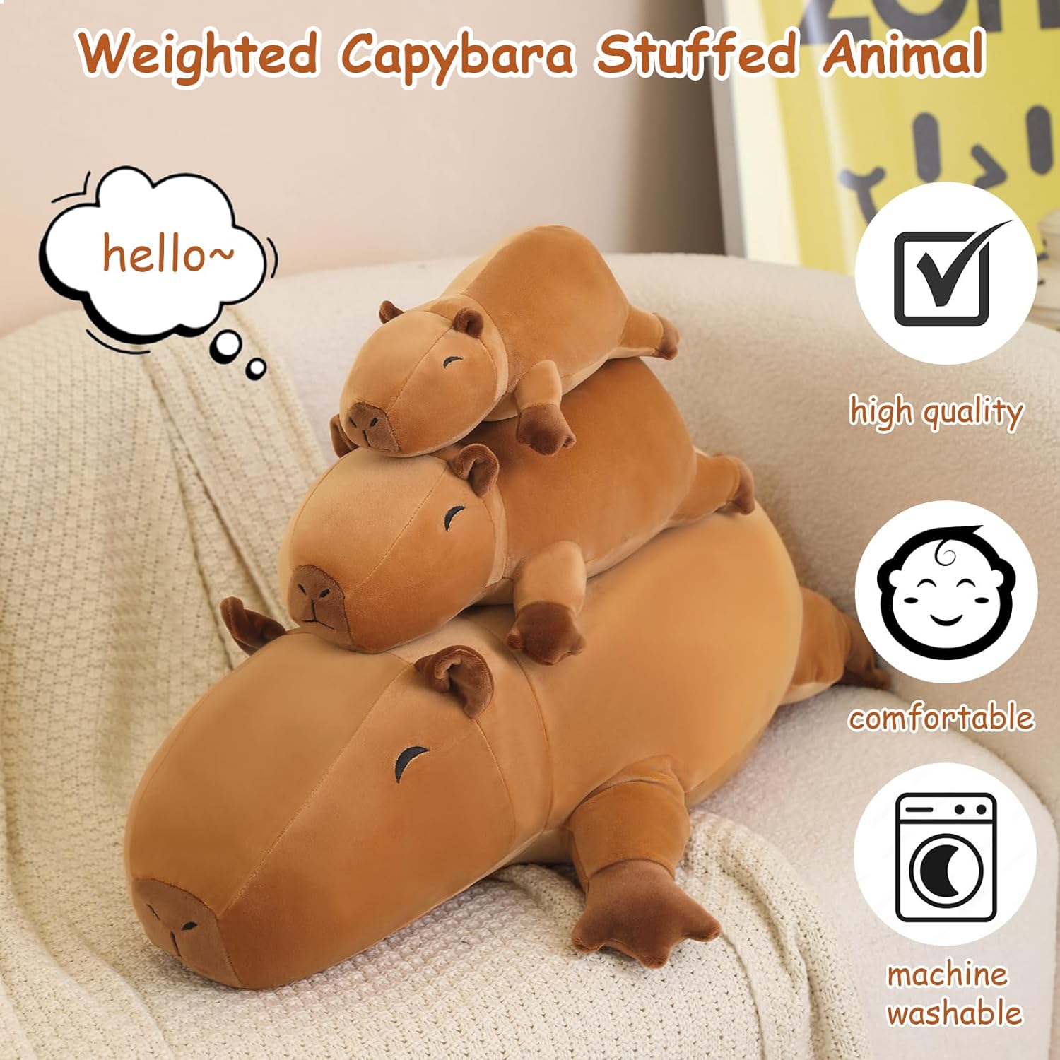 SQEQE Weighted Capybara Plush, Weighted Capybara Stuffed Animal, Cute Plushies Soft Pillow Toy Gift for Kids Adults 9.8 Inch, 0.8 Lbs - Image 2