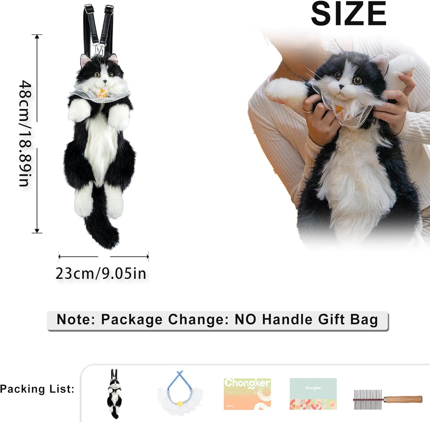 Chongker Stuffed Animals Backpack - Cute Cat plush Backpack Toy, Handcrafted Realistic Cat Shaped Backpack, Heartwarming Surprise Idea, Companionship Stuffed Cat, Large Black Cat - Image 7